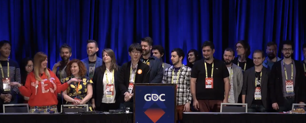 Presenters from the Experimental Gameplay Workshop on stage at GDC 2019