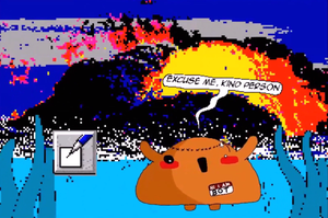 A hand-drawn character standing in front of an explosion in Everything is Going to be OK