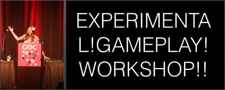 Host on stage at the Experimental Gameplay Workshop beside the session title slide