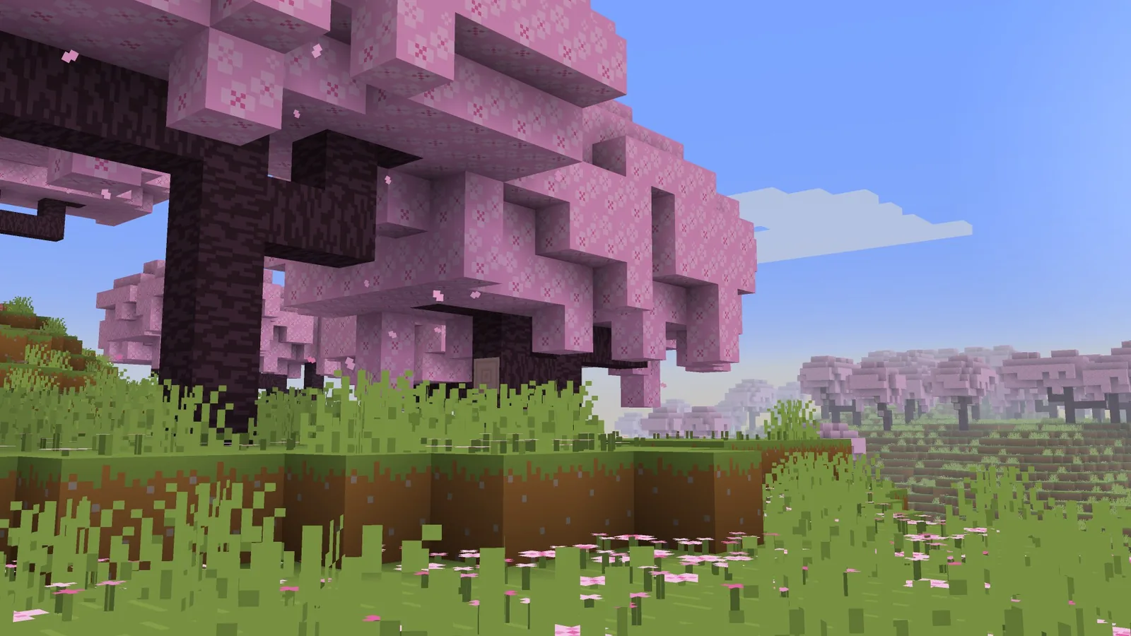 Cherry grove biome rendered with the Bare Bones resource pack's flat colour palette