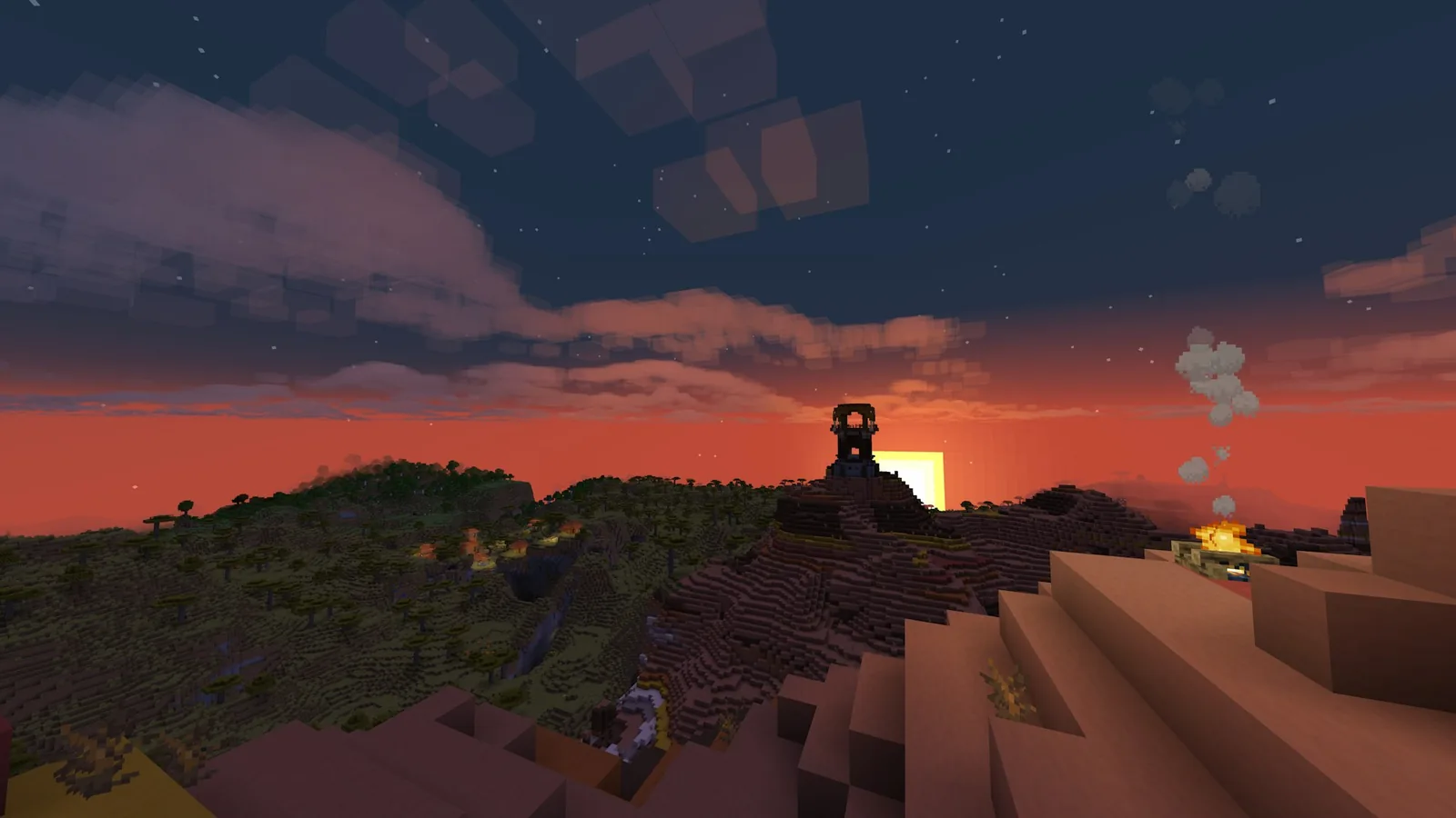 Sunset over a badlands mesa with layered volumetric clouds