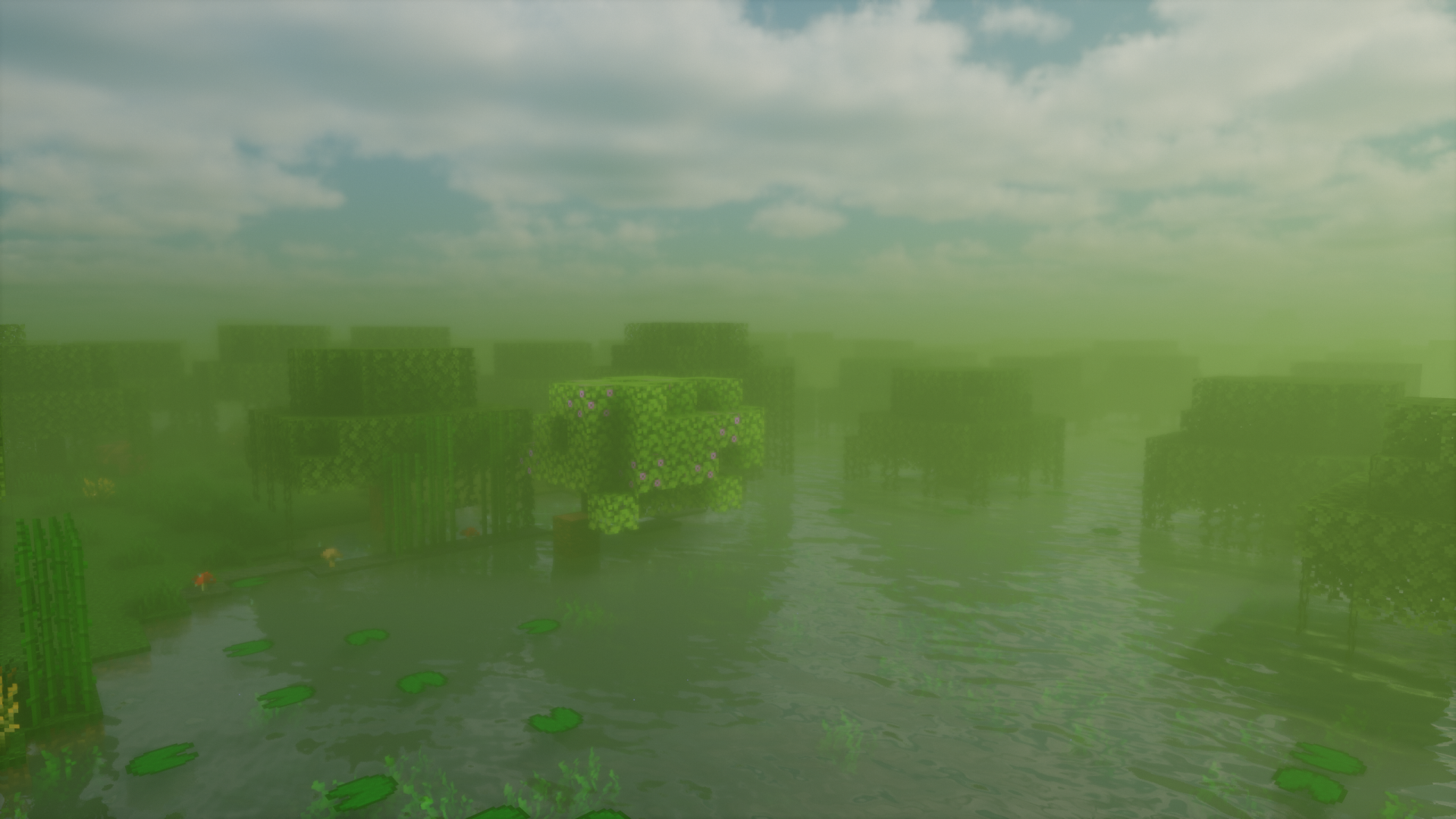 Minecraft swamp rendered with shaders running on Sodium and Iris