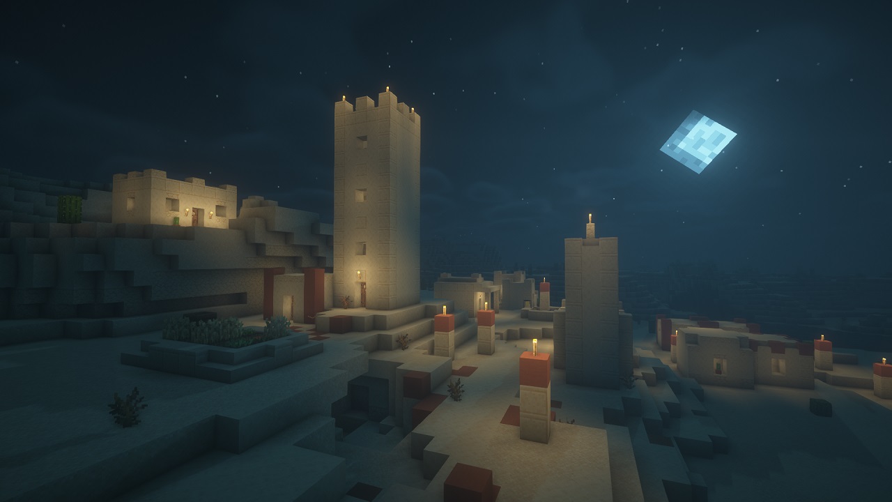 Bright saturated Minecraft scene with heavy bloom rendered by BSL Shaders