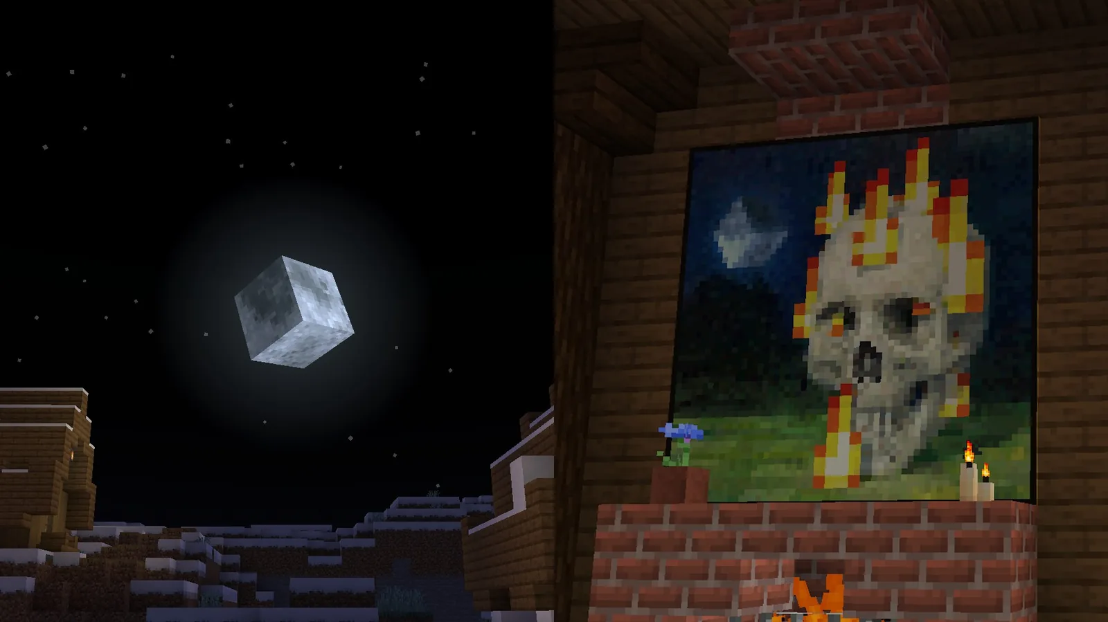 Detailed cubic moon above a night-time Minecraft landscape