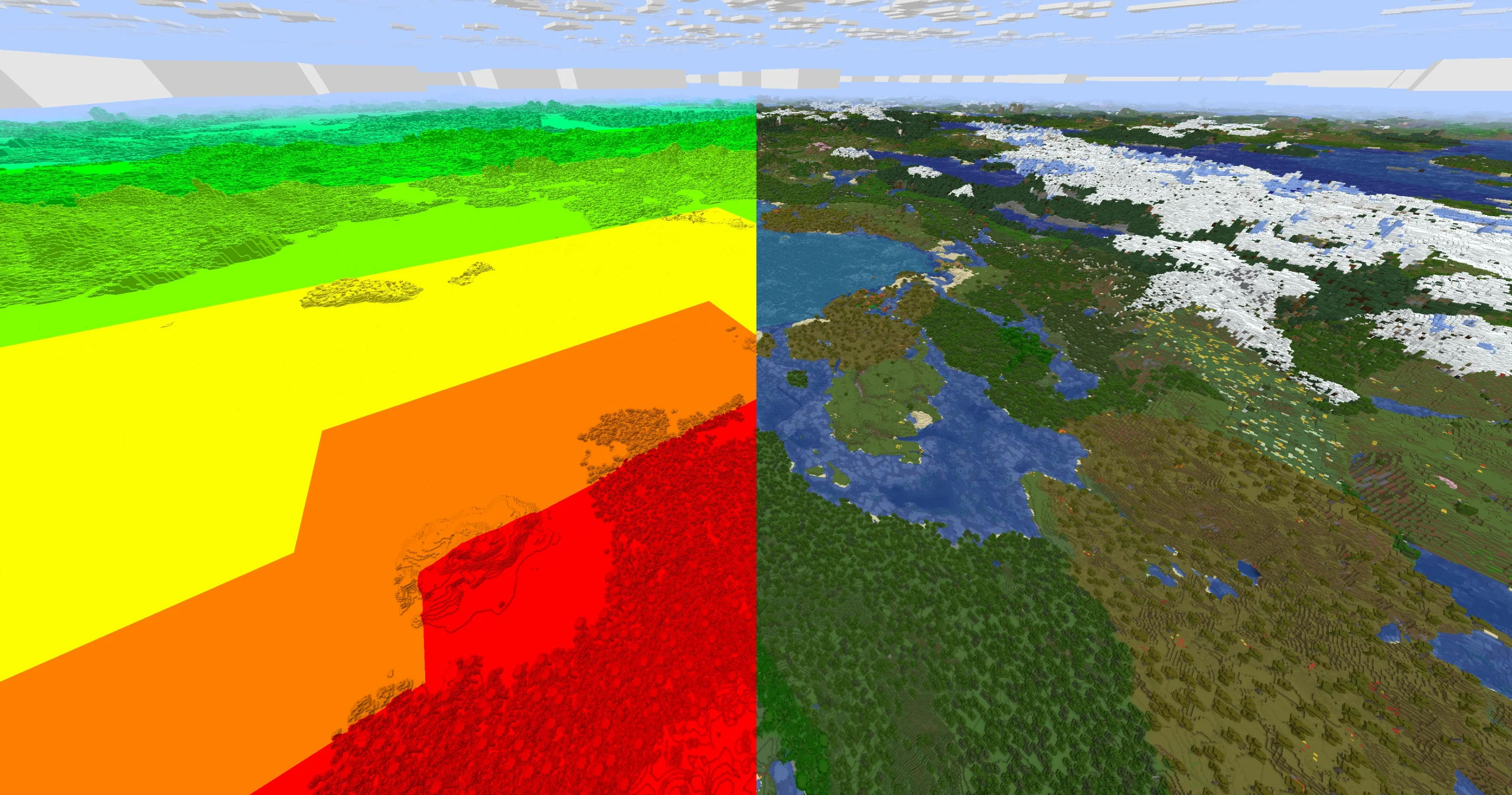 Minecraft terrain rendered at long distance with Distant Horizons variable detail