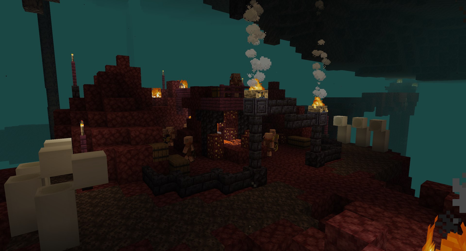 Piglin camp built on nether terrain with fenced enclosures