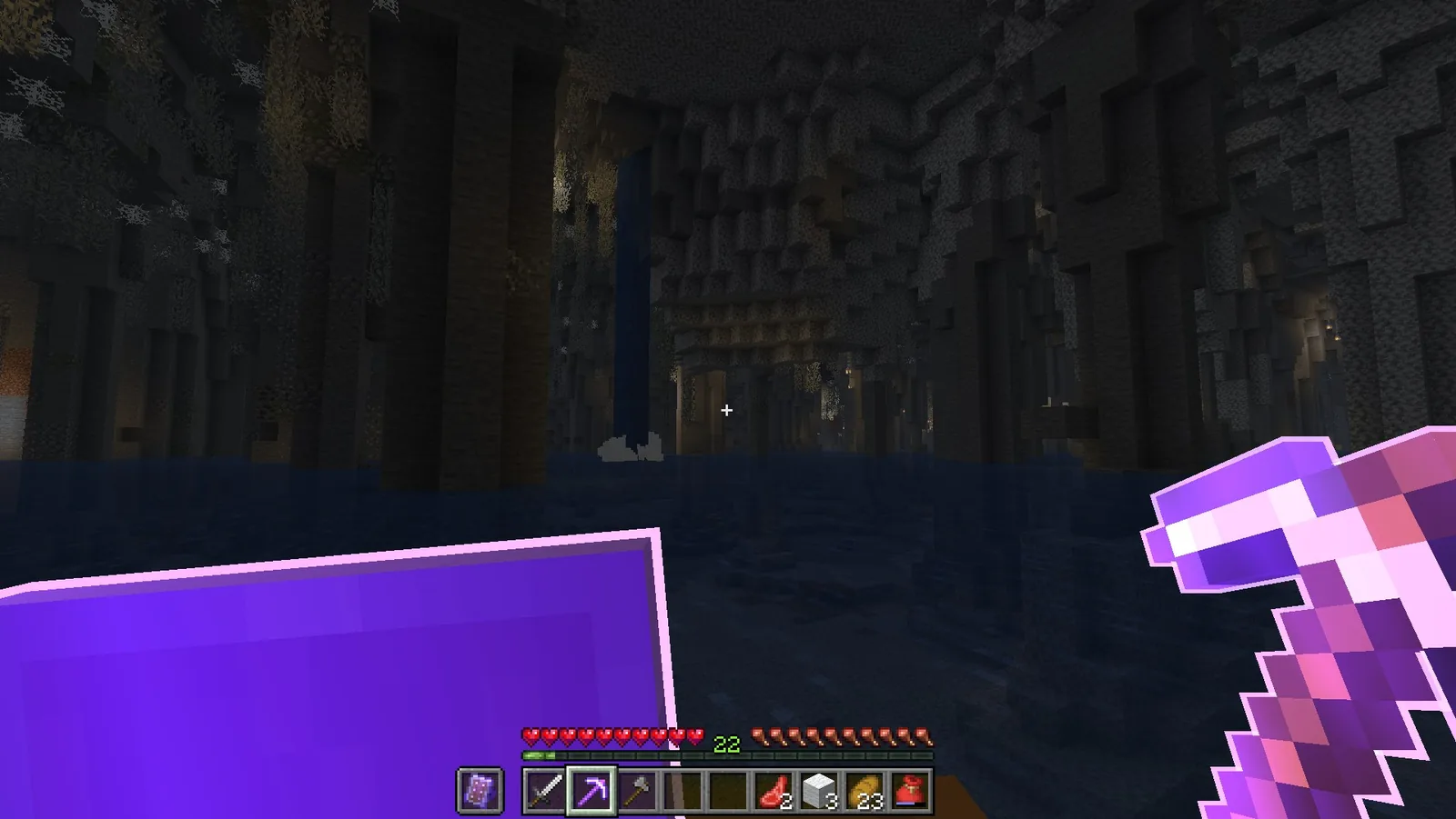 Cave exploration with enchanted gear outlined by the Enchantment Outlines pack