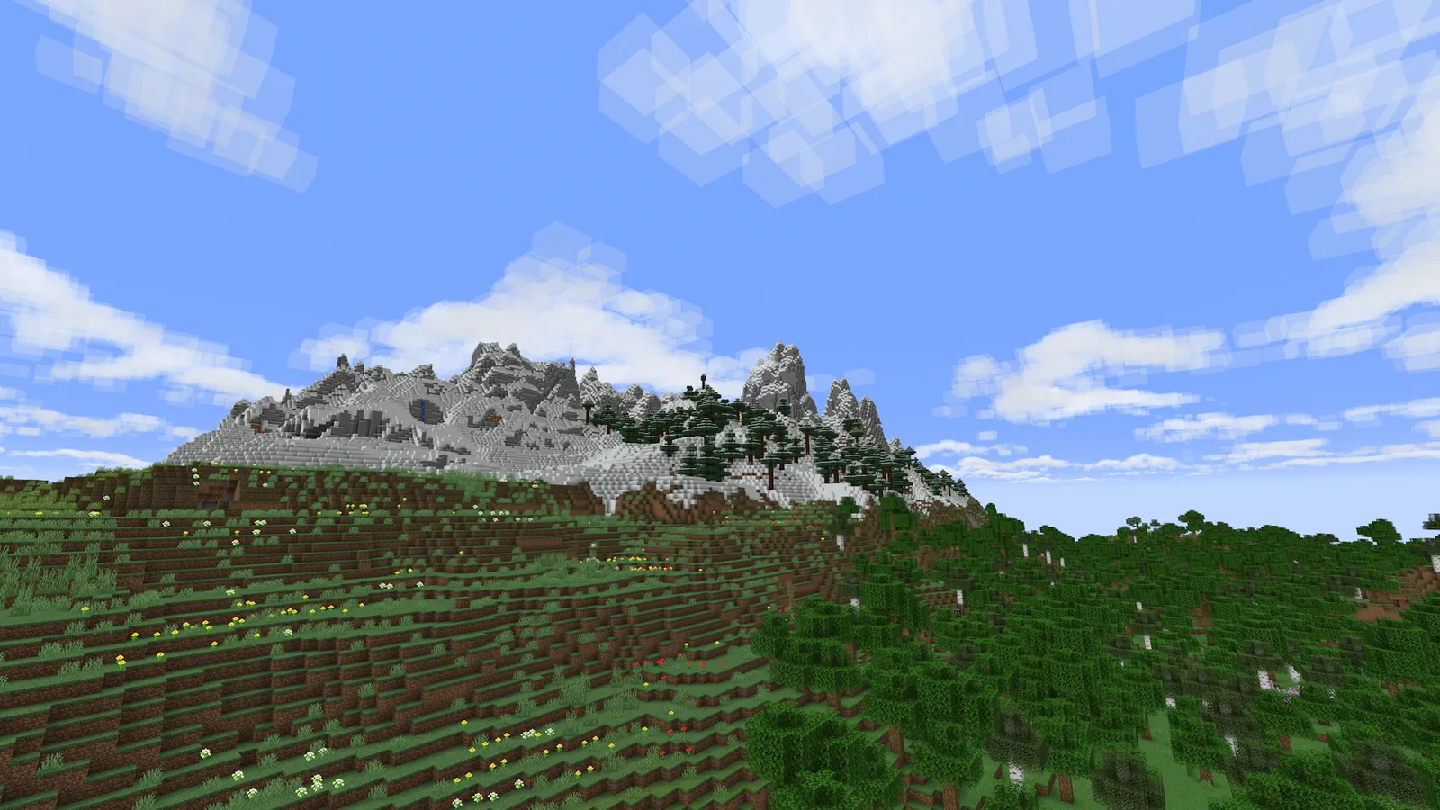 A wide third-person view of a Minecraft landscape