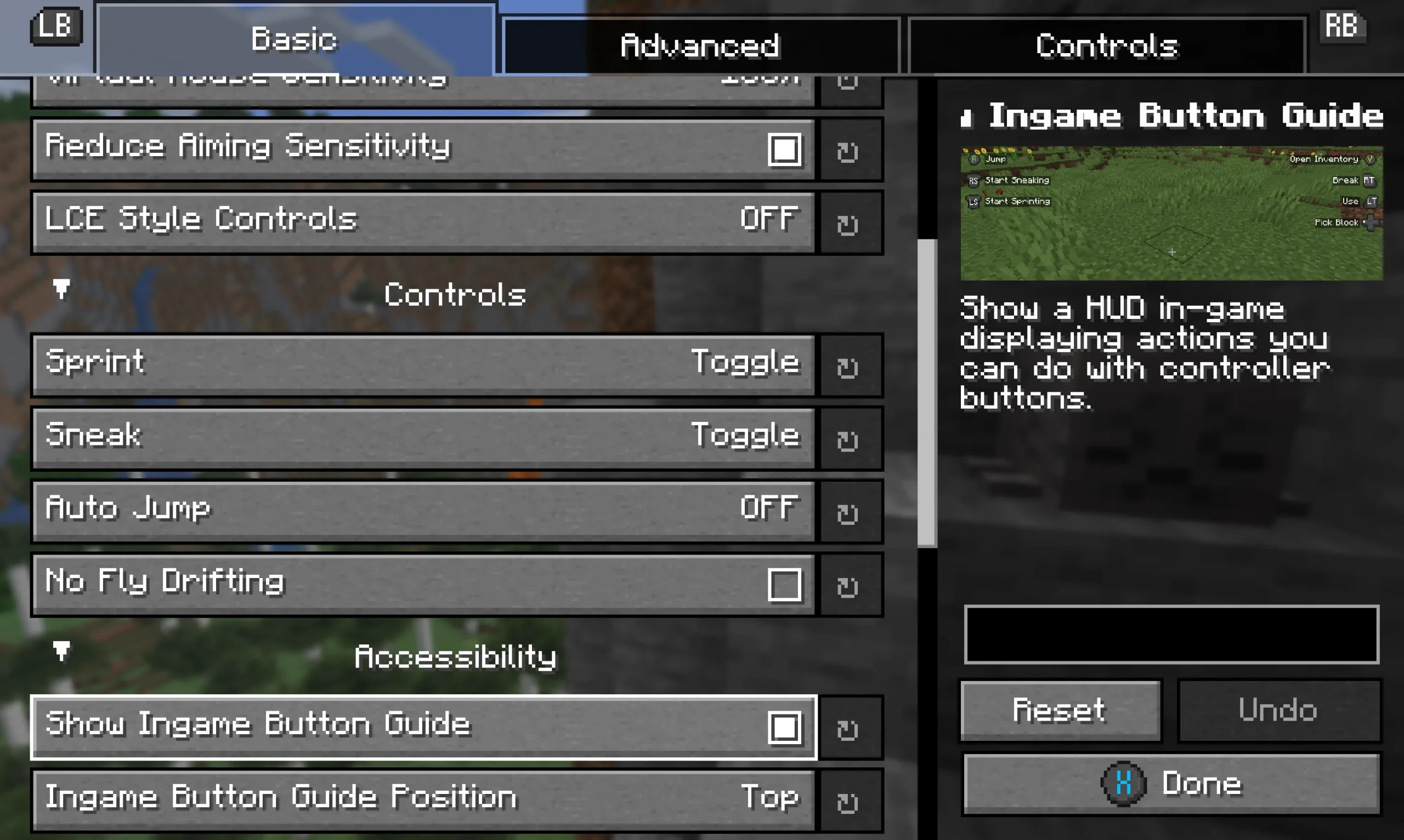 Settings menu for controller input