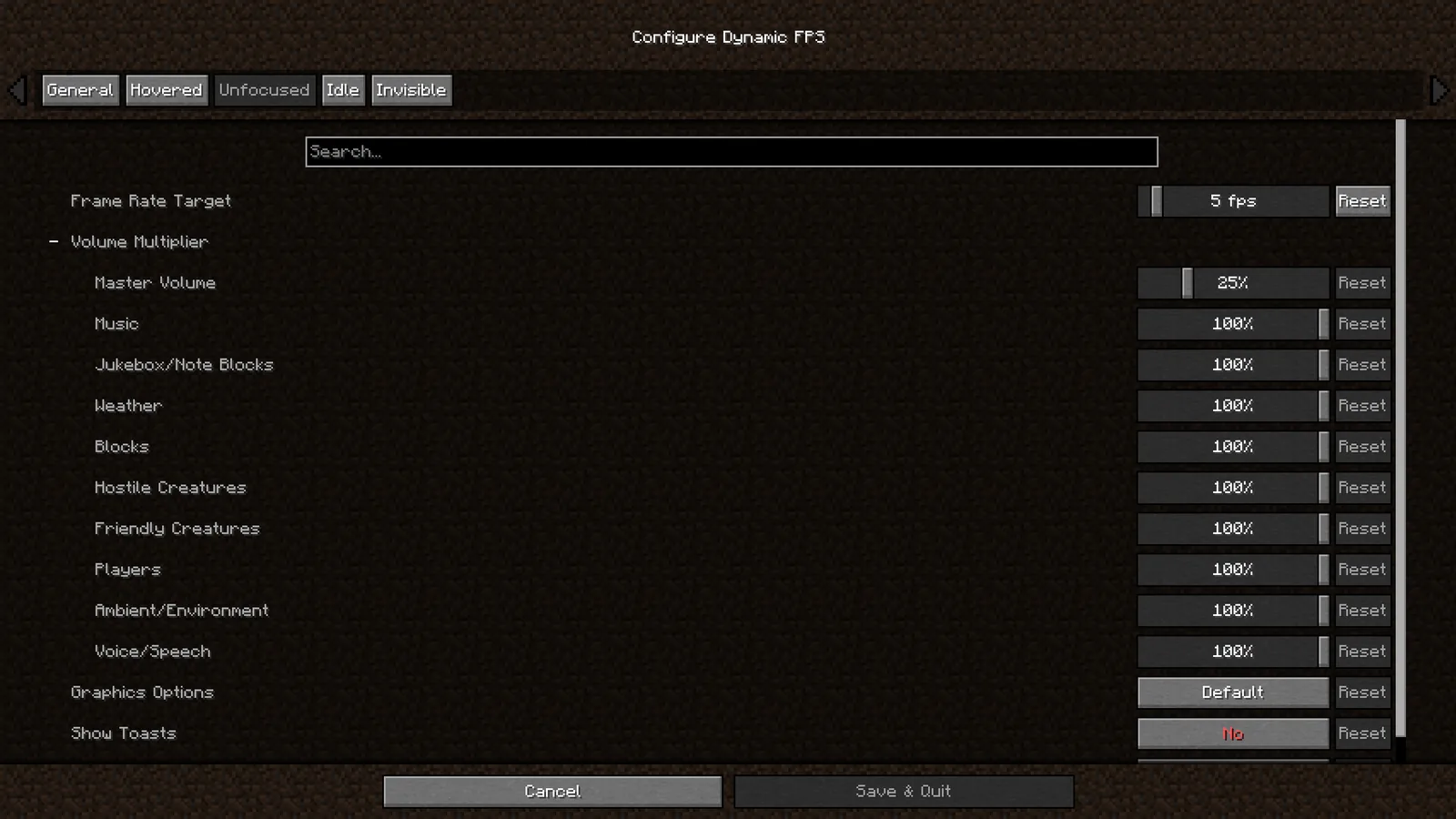 Client performance settings panel