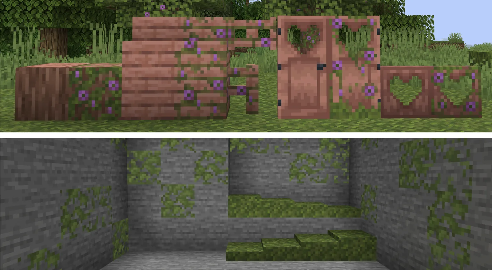 Sap collecting setup in a Minecraft woodland