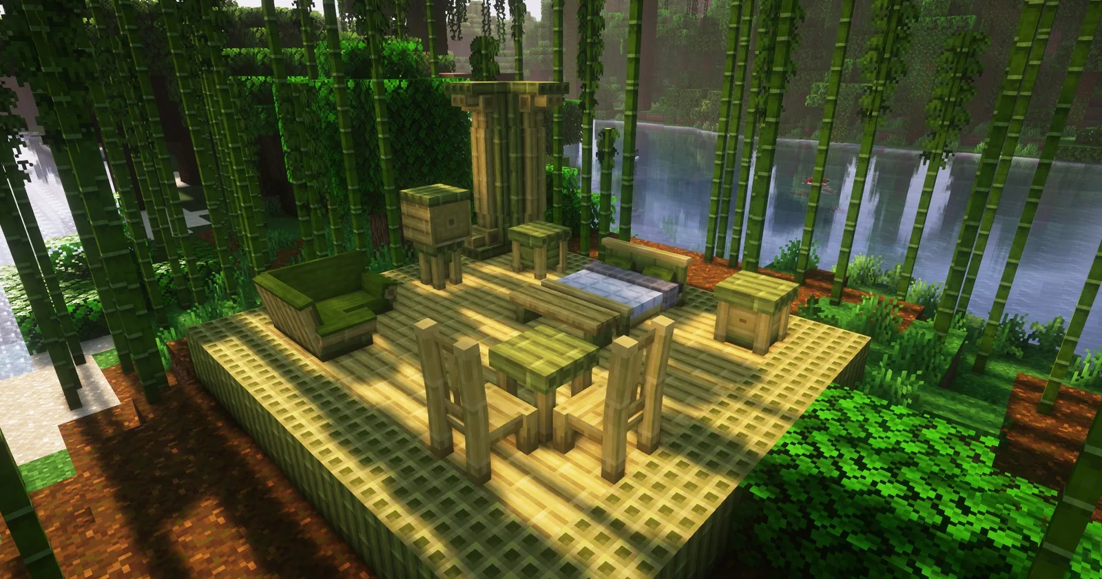 Furniture and shelving in a Minecraft room
