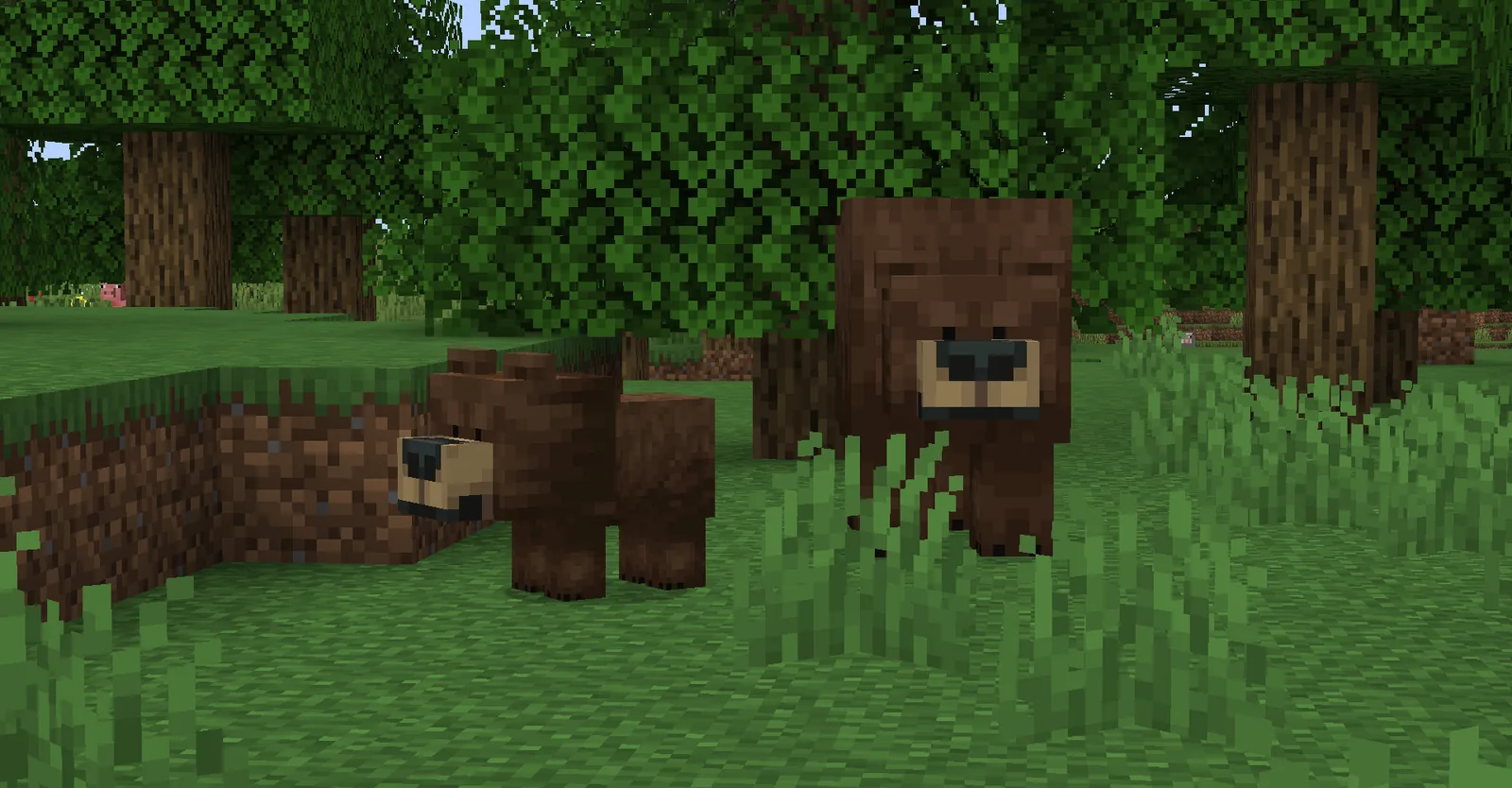A butterfly and bees in a Minecraft forest