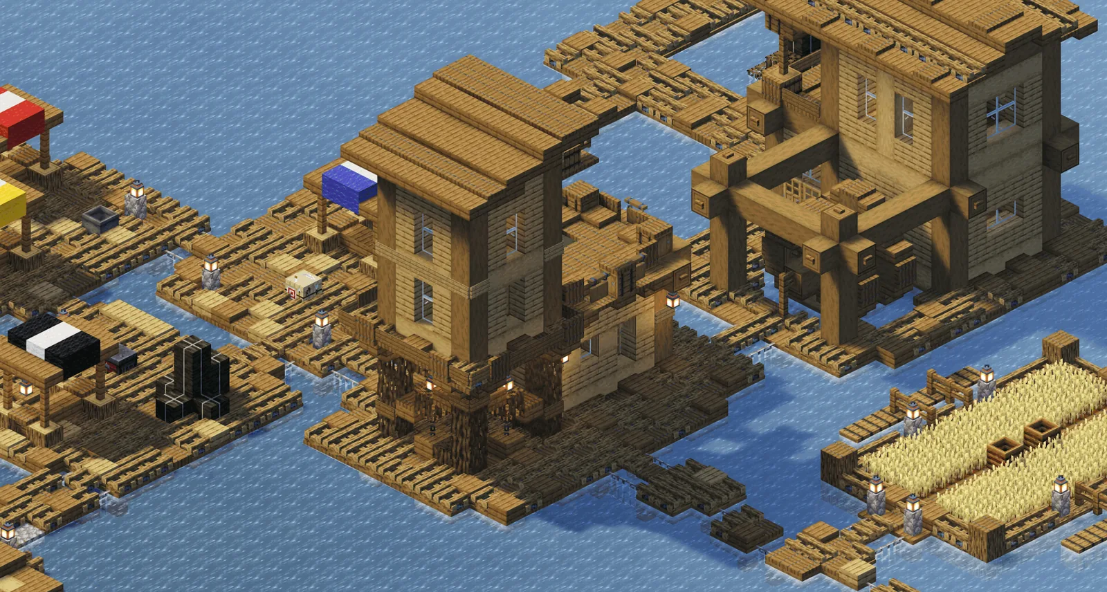 Docks and houses generated on a Minecraft shoreline