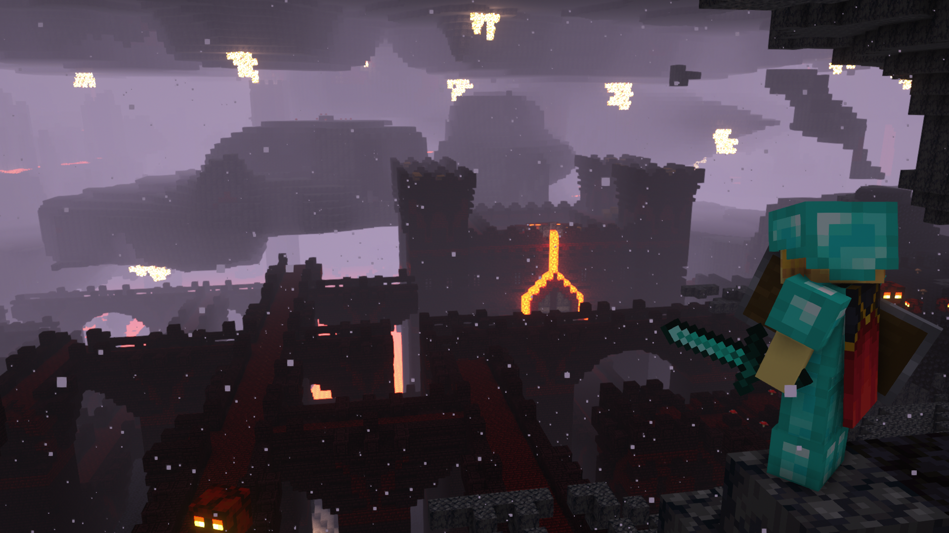 Dark stone building with warm lighting