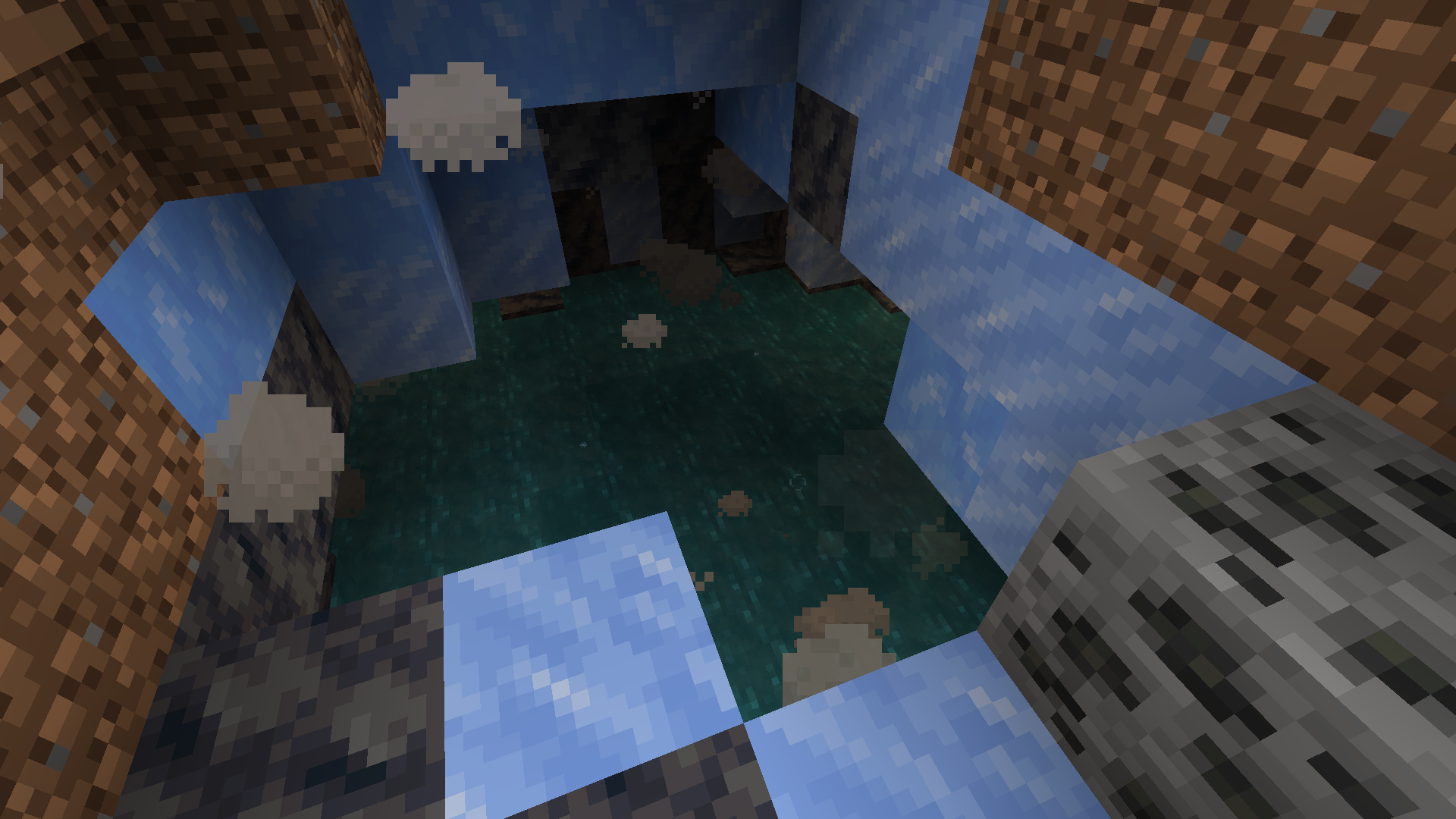 Ore deposits visible in a deep cave wall