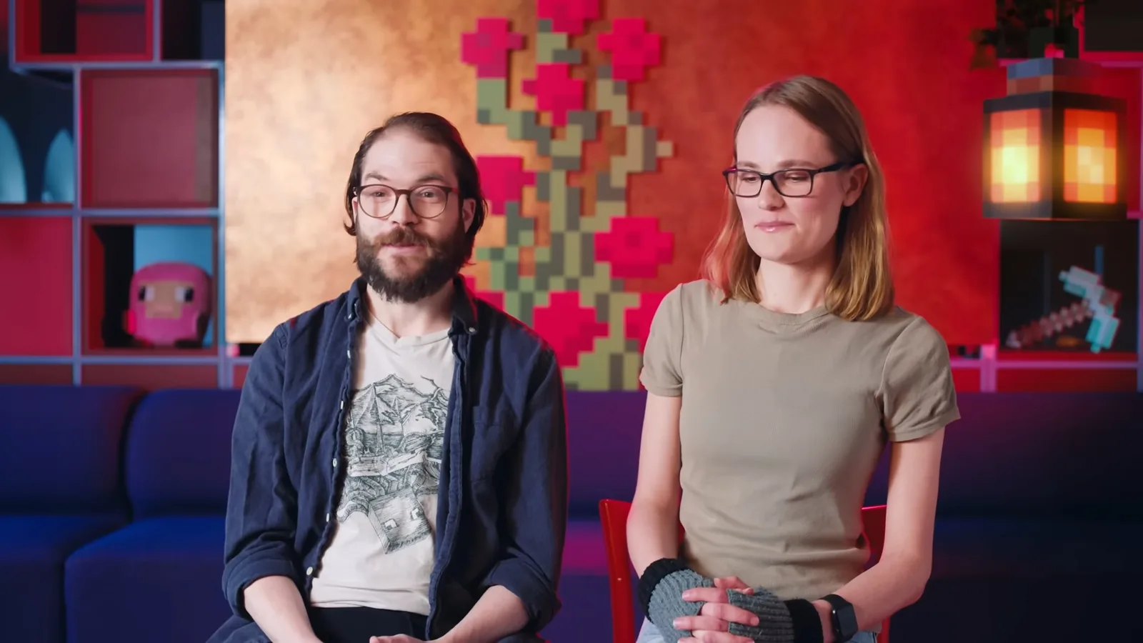 Two Minecraft developers being interviewed in a studio about the Far Lands walk