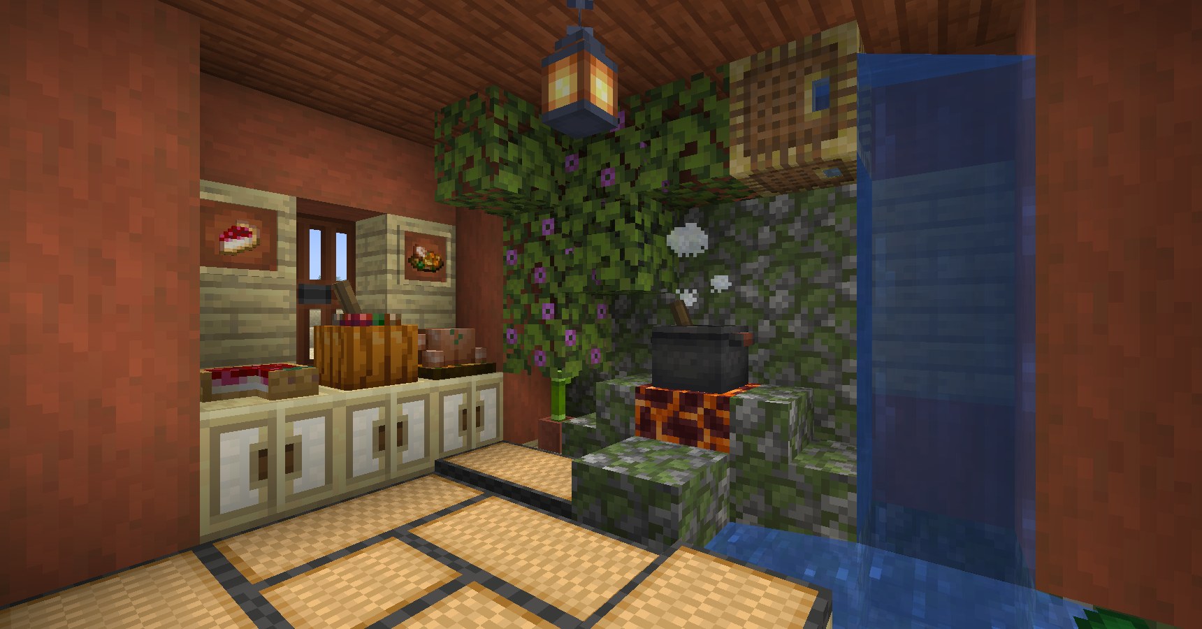 Rustic interior decorated with Farmer's Delight crates and baskets