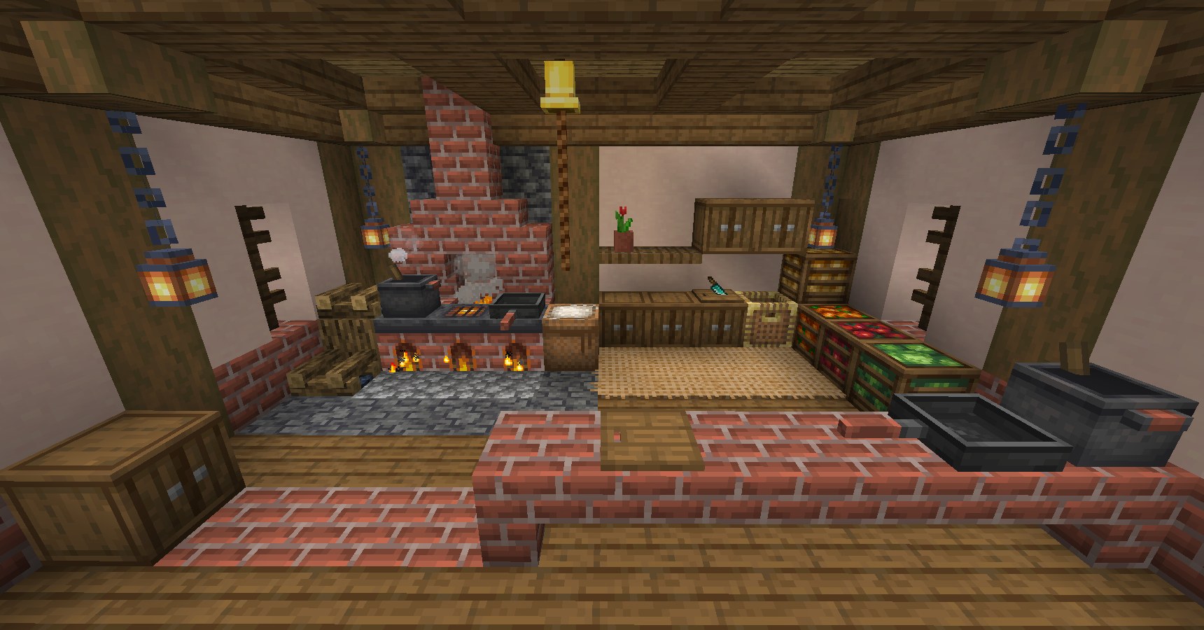 Cooking pot, cutting board and stove set up in a Minecraft kitchen