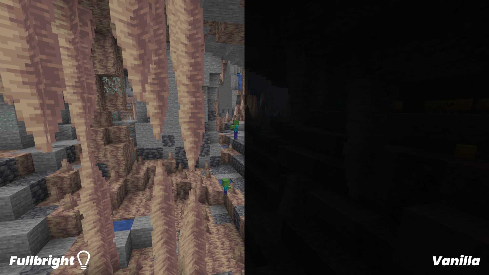 Dripstone cave in Minecraft brightened by the Fullbright UB resource pack