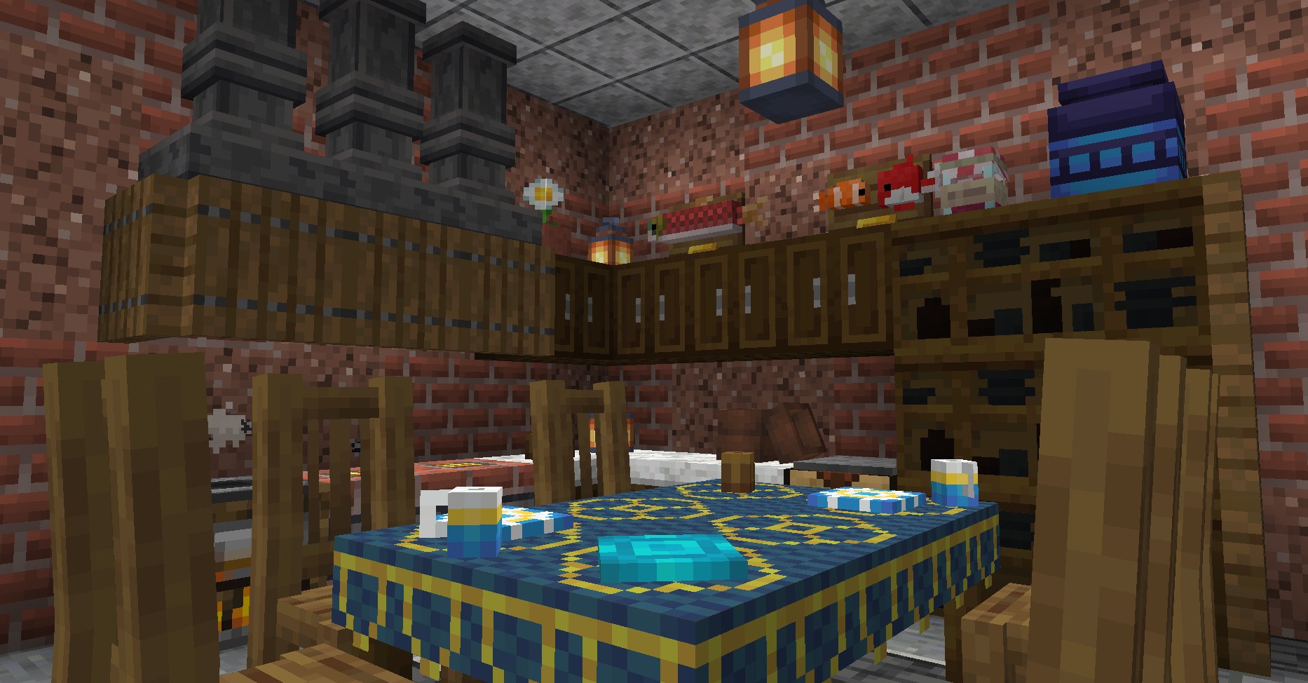Minecraft kitchen furnished with counters, cupboards and a sink
