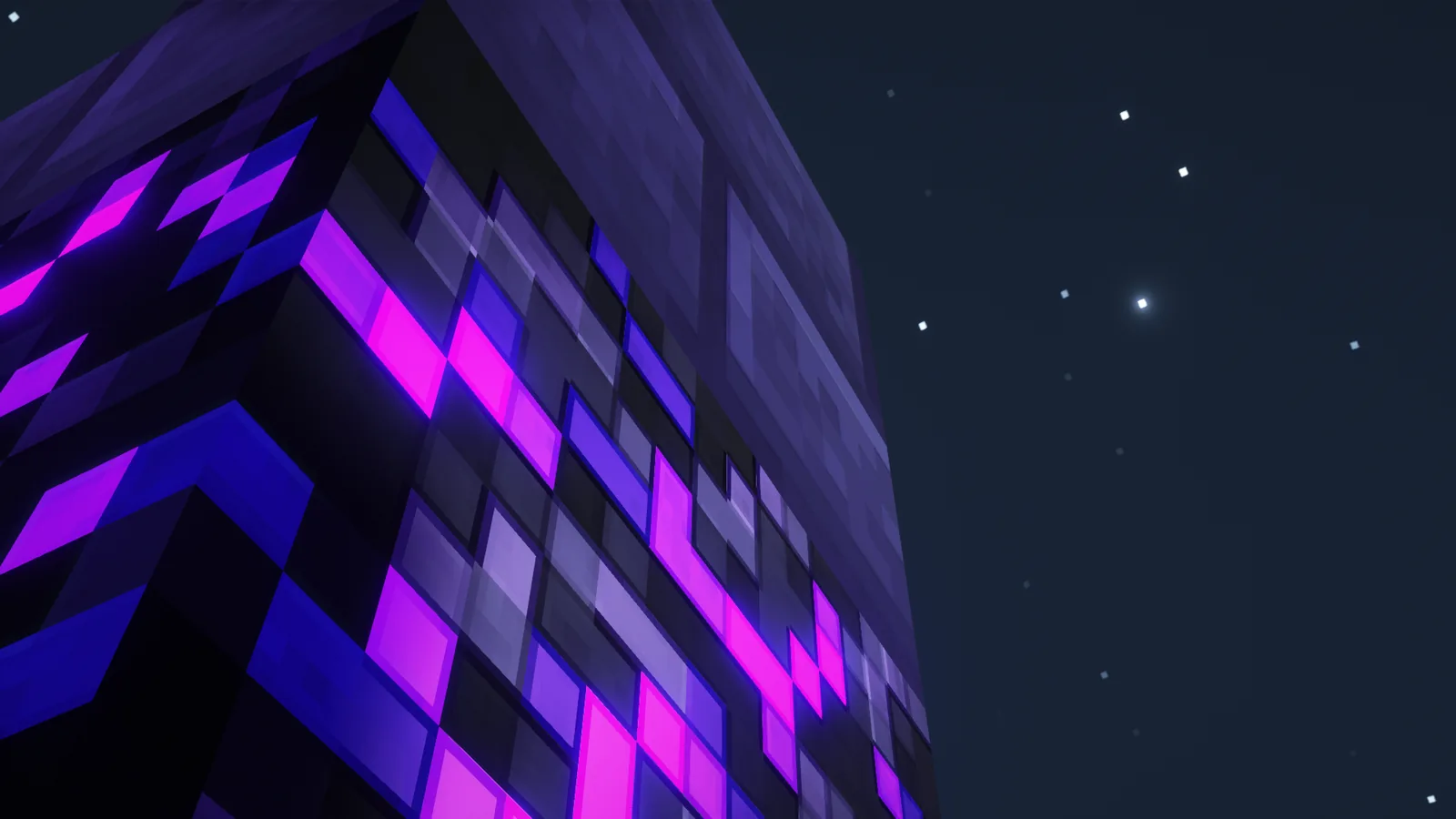 Crying obsidian blocks glowing under a shader-rendered night sky in Minecraft with Iris Shaders