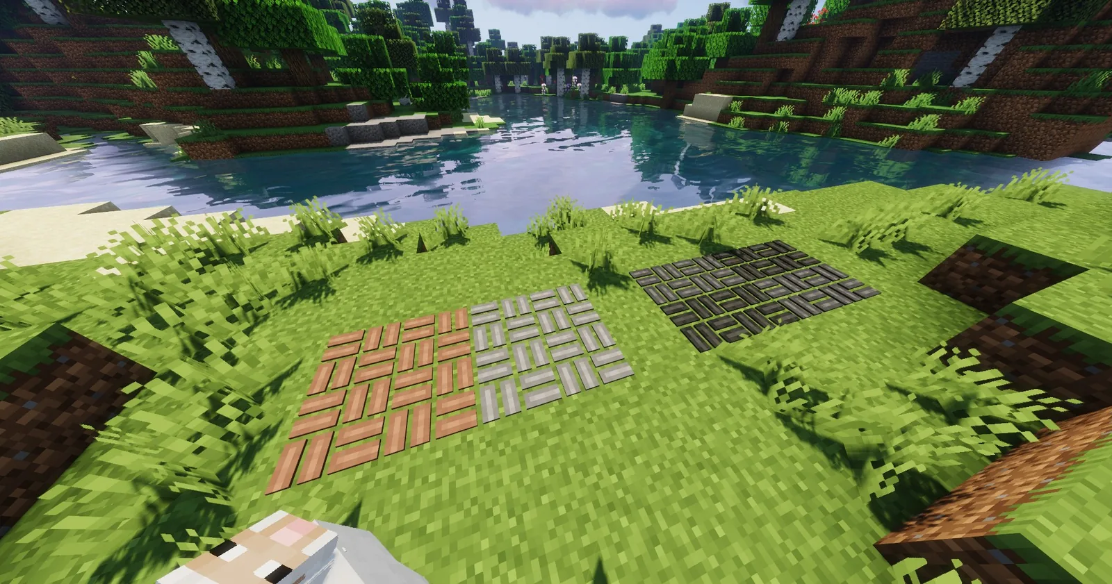 Basket weave brick path running through a garden