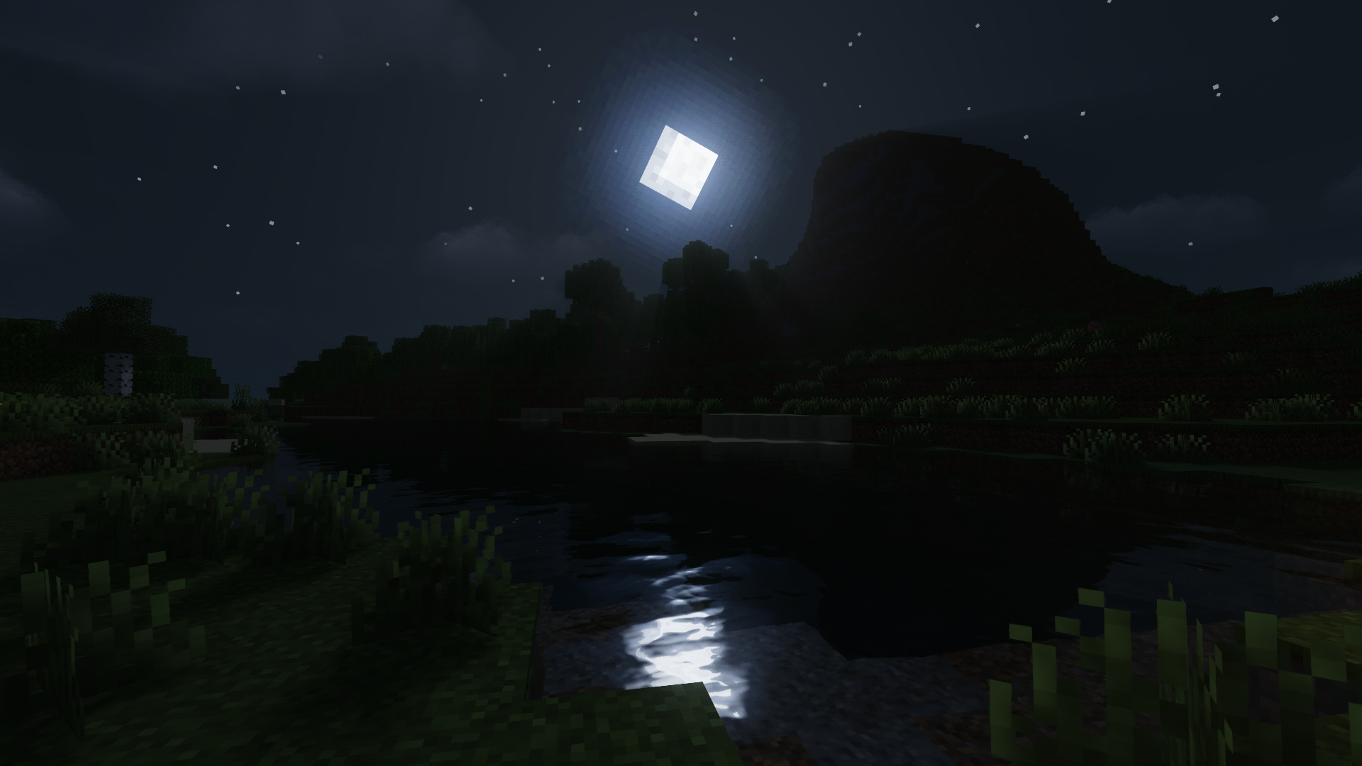 Night-time Minecraft scene rendered with the MakeUp Ultra Fast shader pack