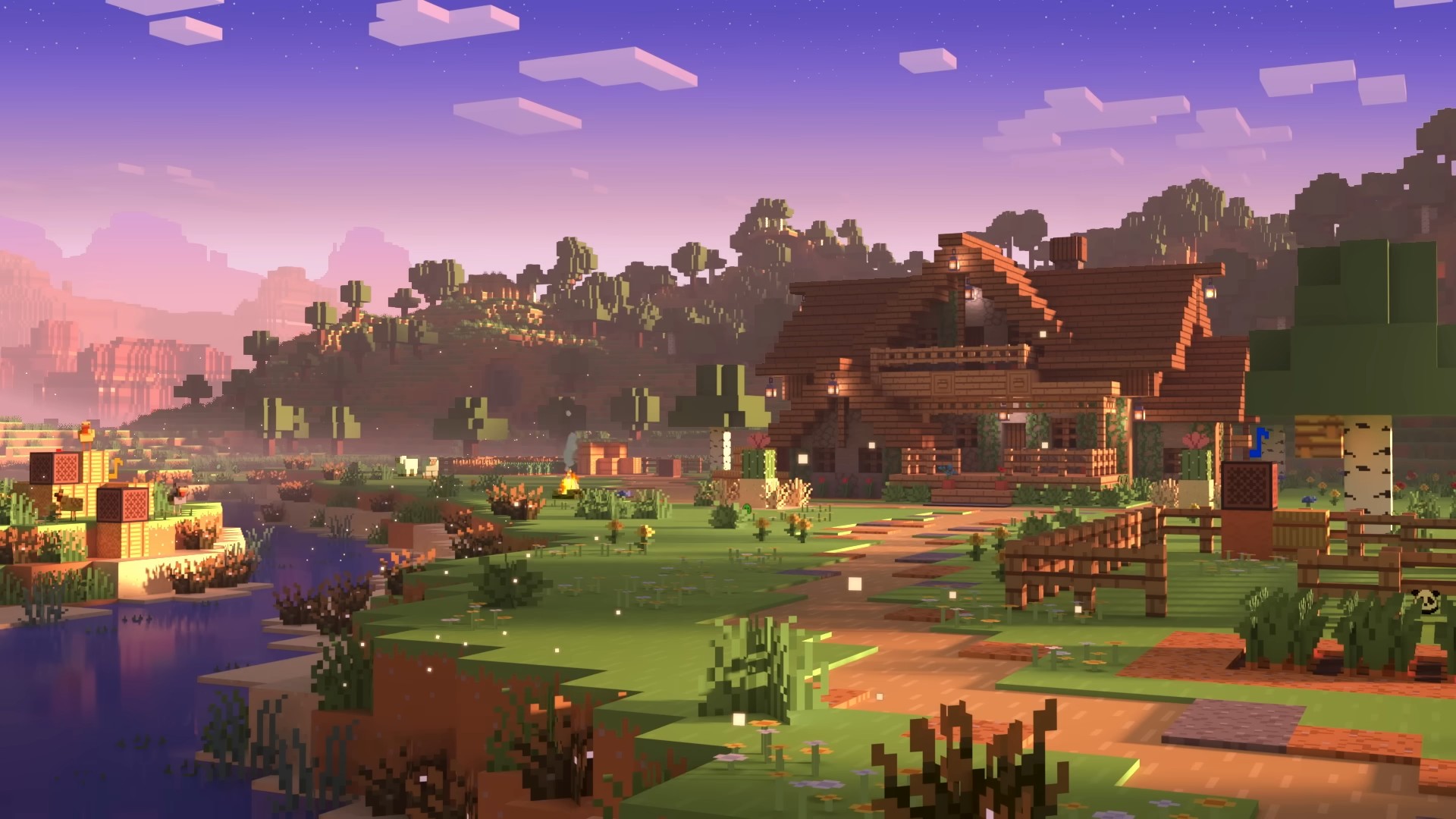 Crops and animals on a Minecraft farm in an official Minecraft video