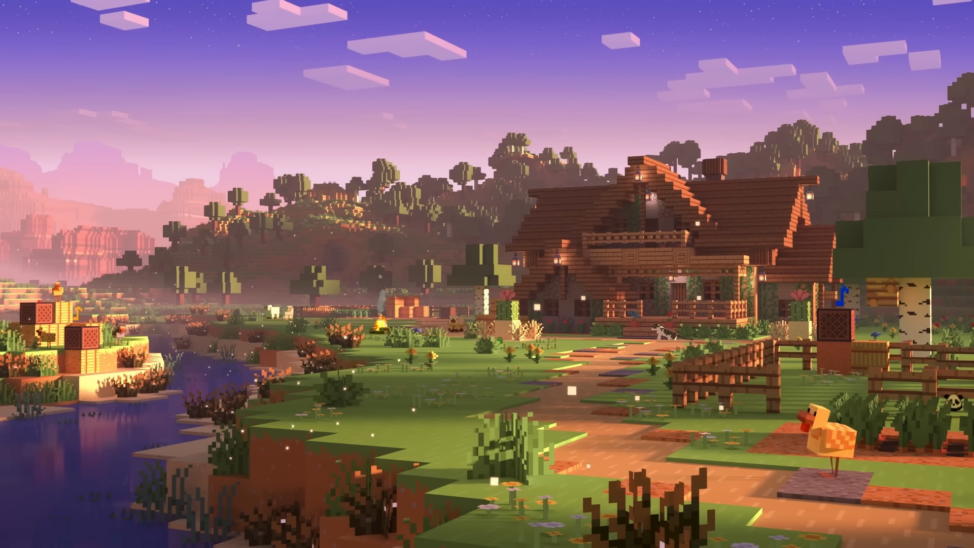 Minecraft farm buildings in morning light from an official Minecraft video