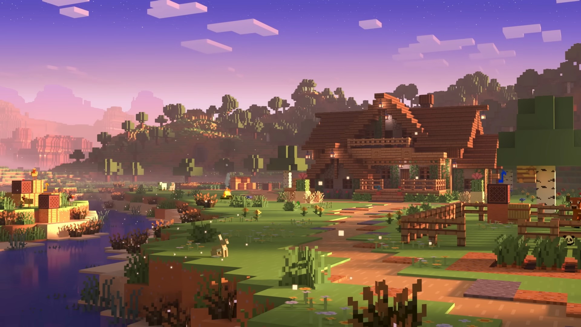 Minecraft farm at sunrise from the official Soothing Minecraft video