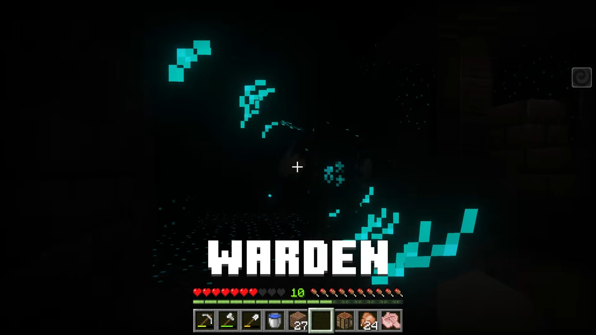 Minecraft player facing a hostile mob in an official Minecraft video