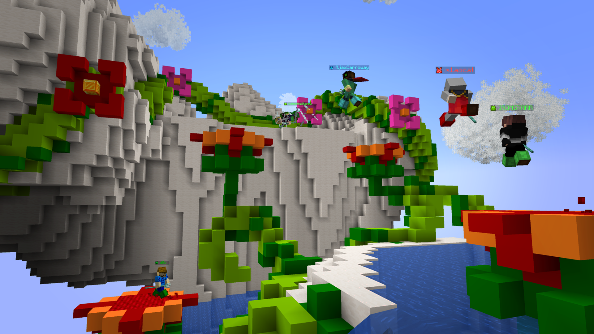 MC Championship Ace Race parkour course with players jumping between floating islands