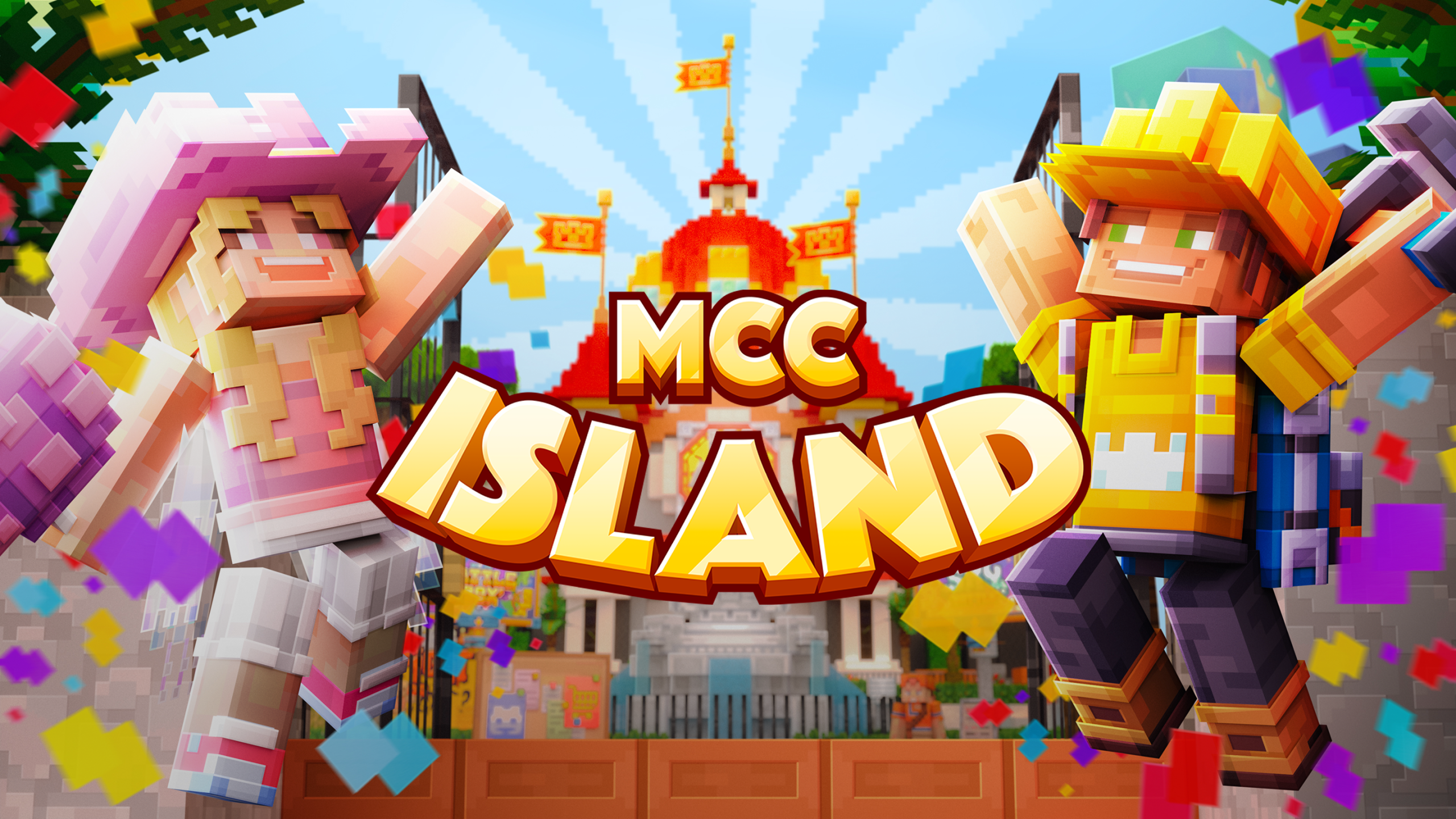 MCC Island key art showing two Minecraft characters in front of the MCC Island hub