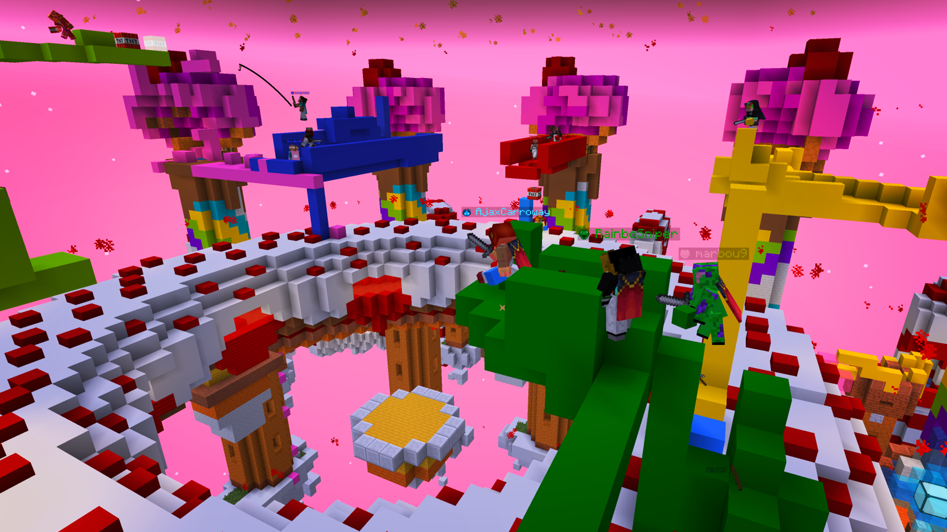 MC Championship Sky Battle islands floating above the void with players fighting