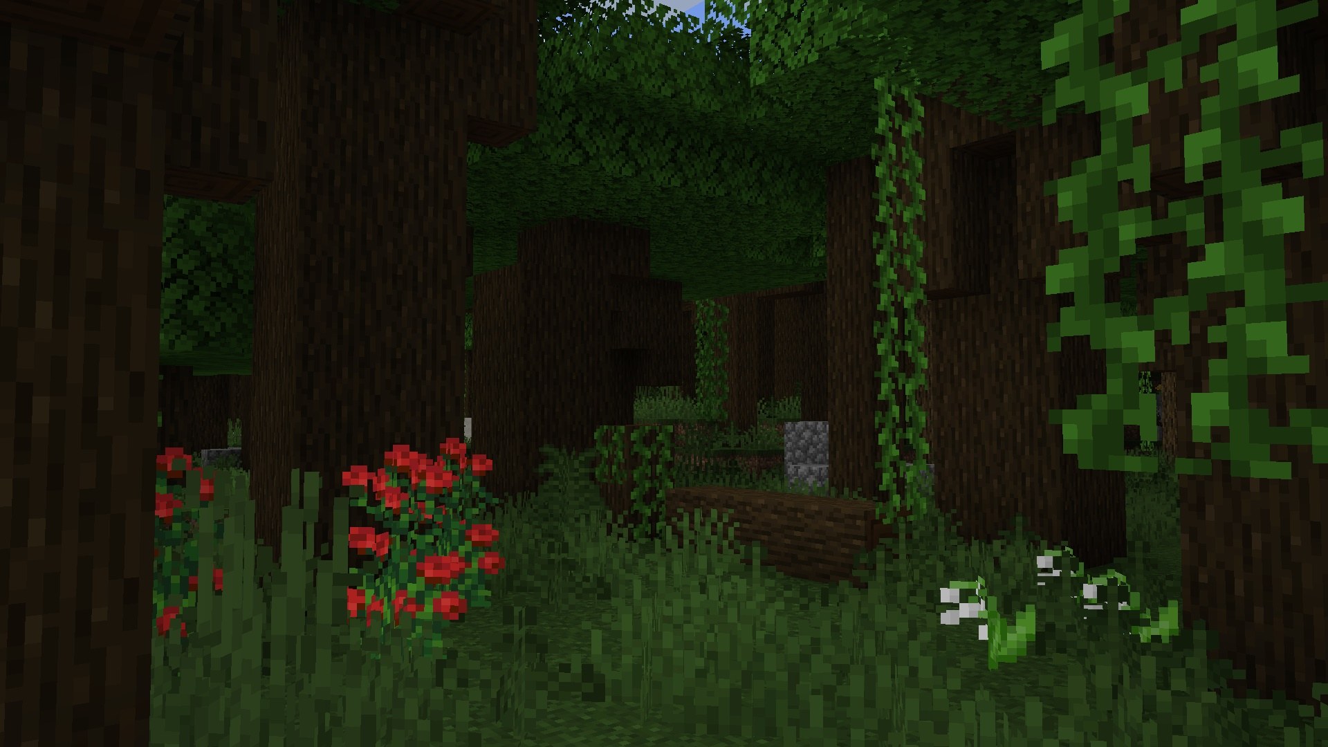 Dense dark forest interior in a modded world