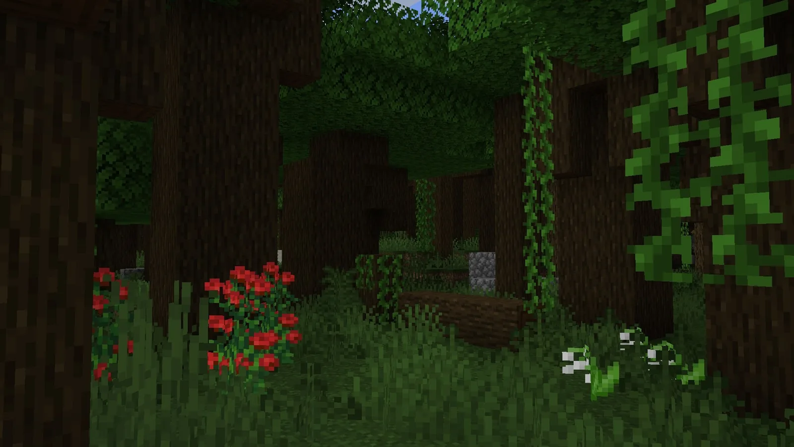Dense dark forest interior in a modded world
