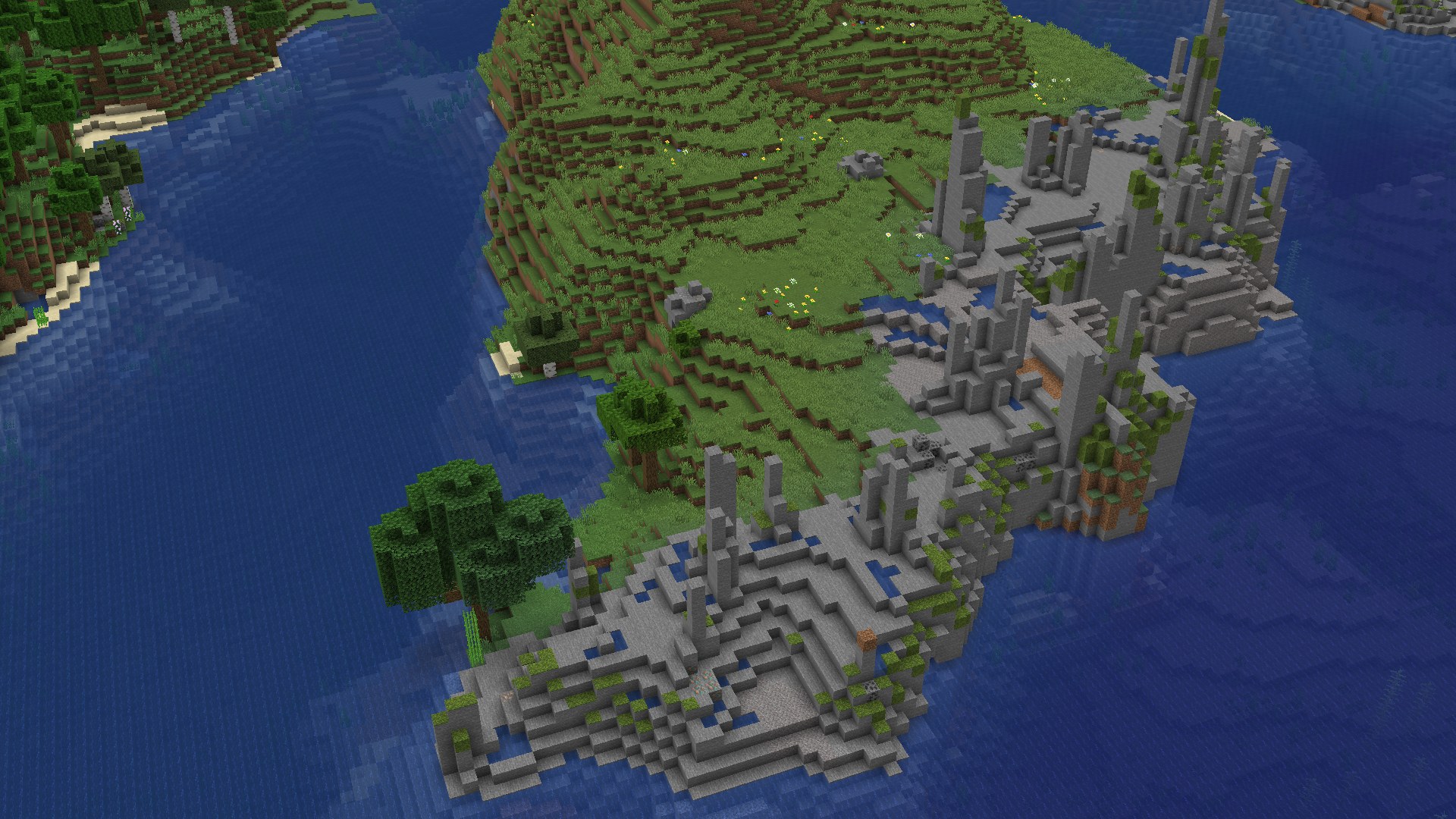 Rocky coastal shoreline generated with worldgen mods installed