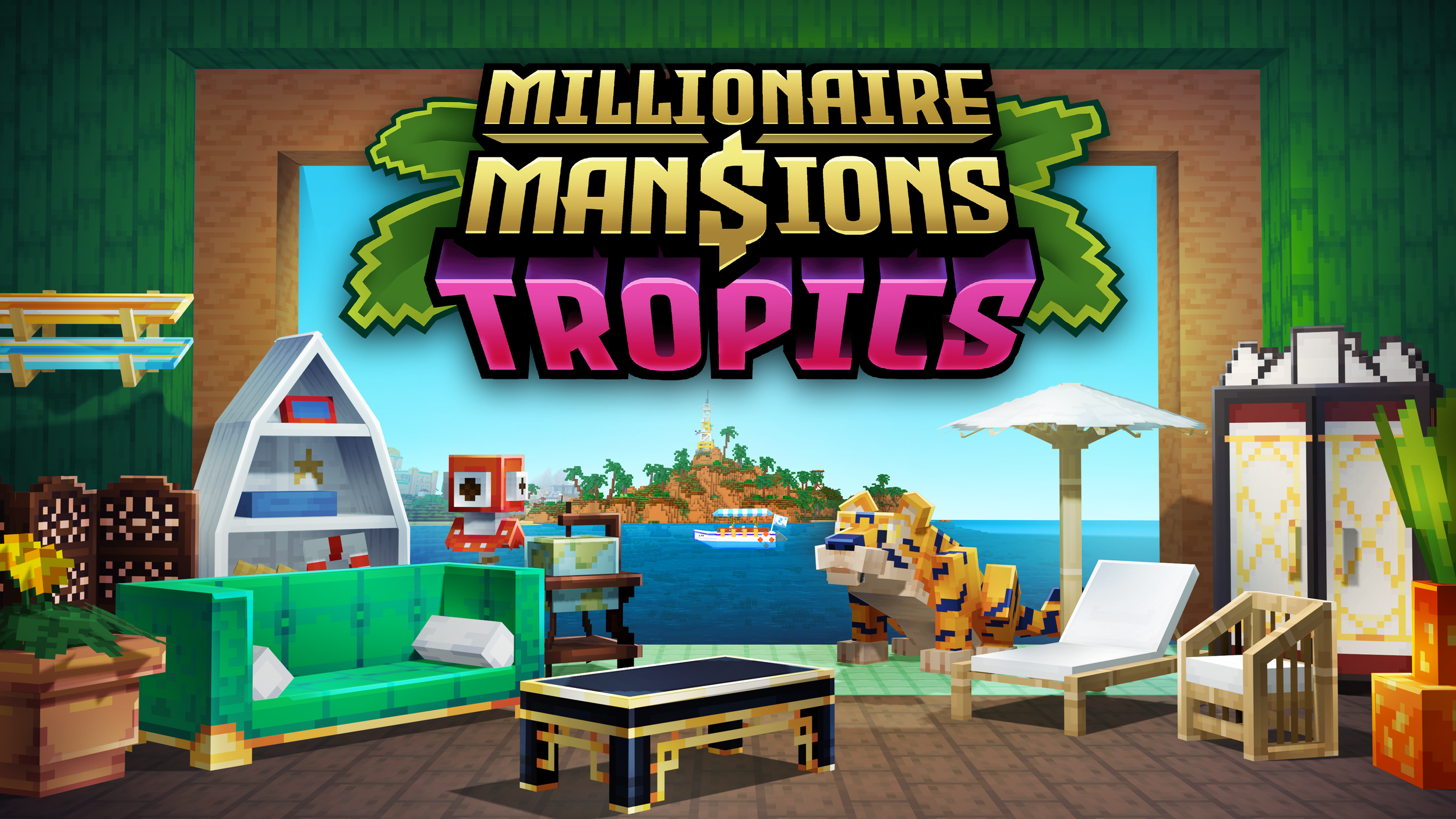 Key art for a tropical Minecraft adventure map by Noxcrew