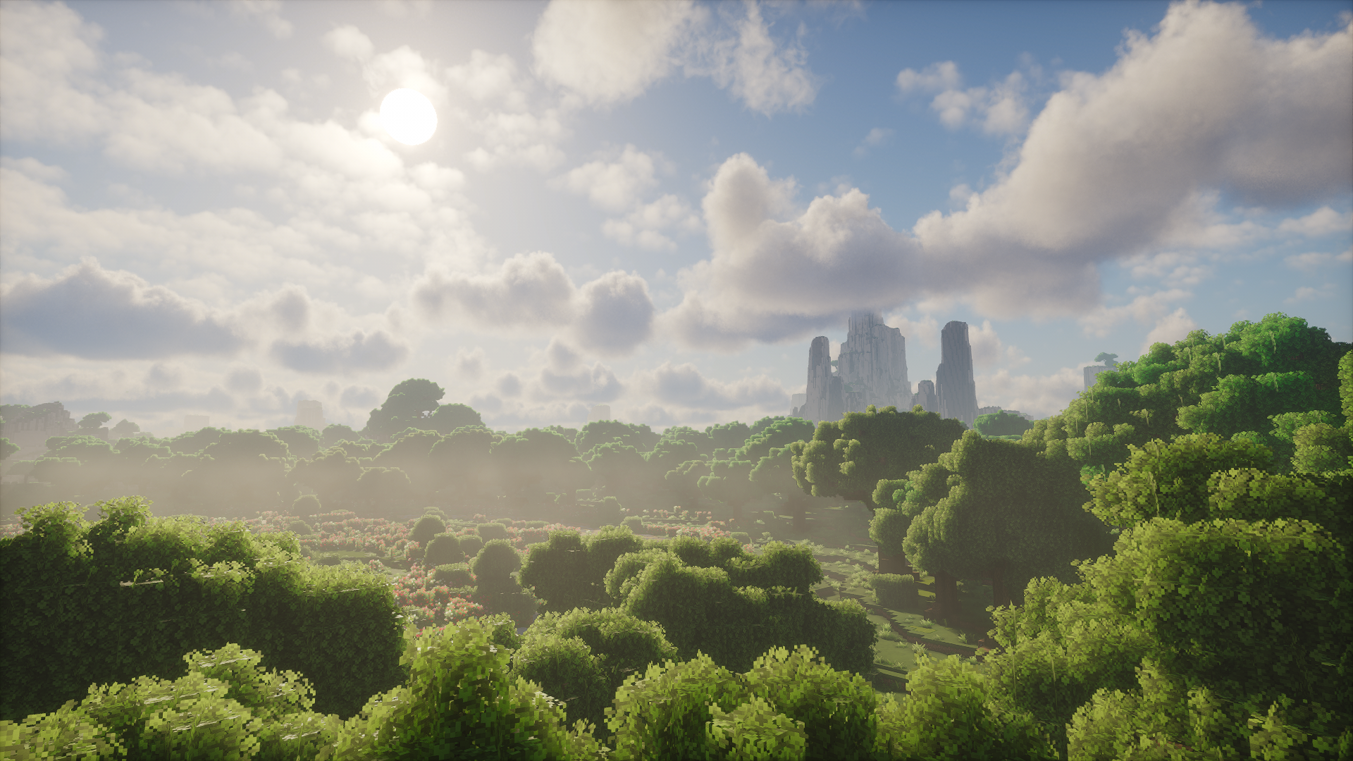 Semi-realistic Minecraft scene with atmospheric fog and volumetric light rendered by Photon Shaders