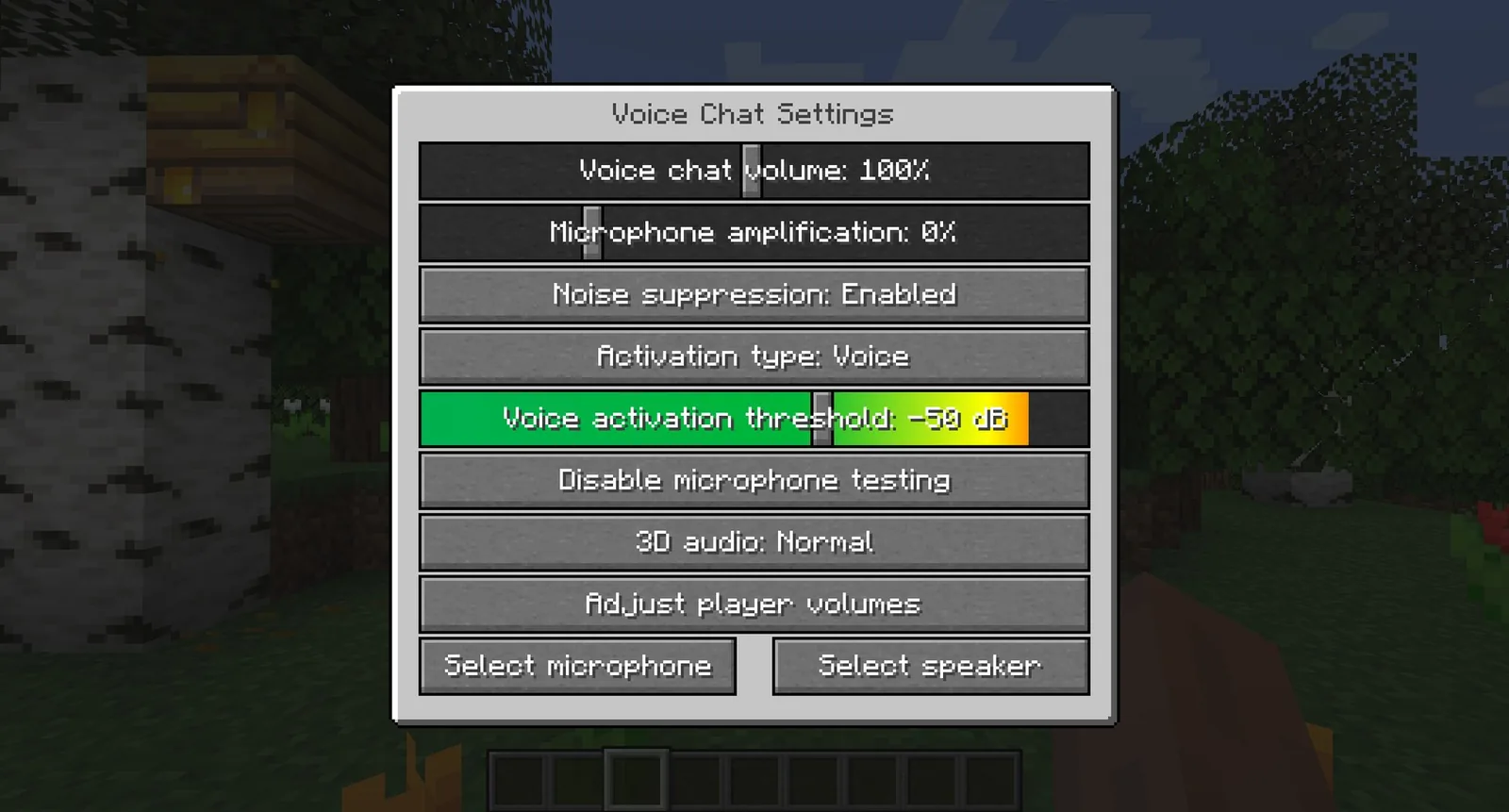 Audio settings screen for microphone and activation mode