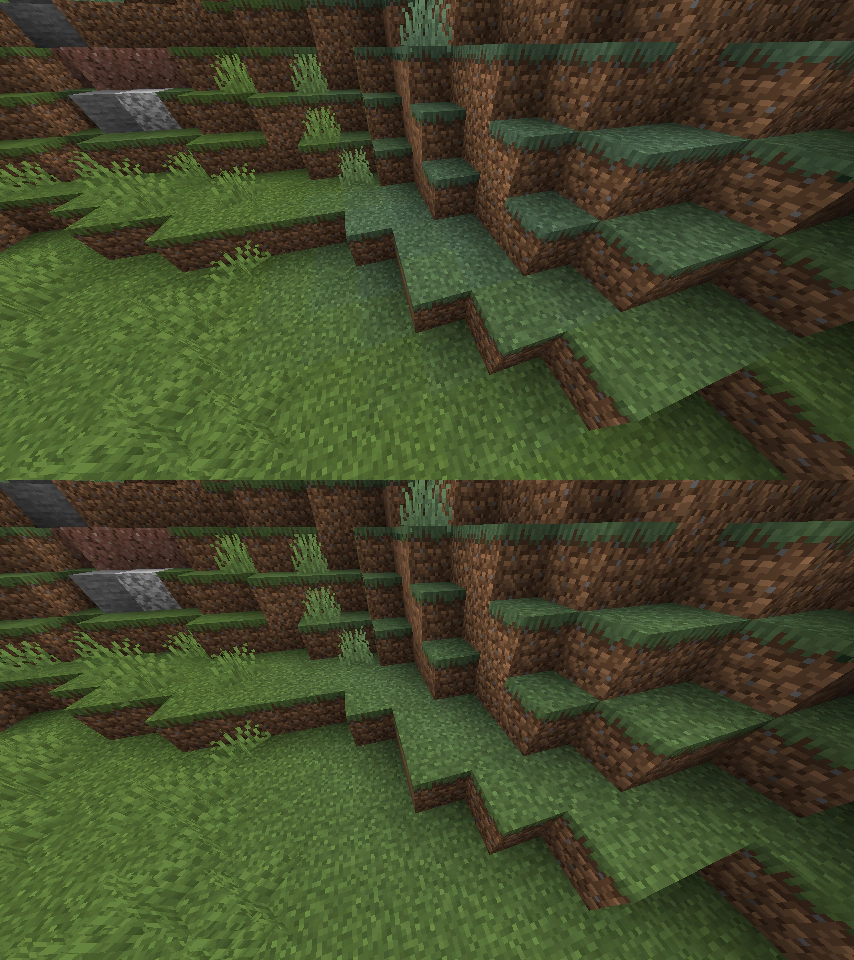 Comparison of biome colour blending at a biome border in Minecraft with and without Sodium
