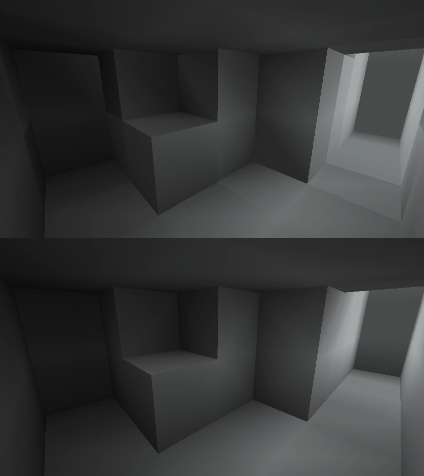 Comparison of block shading on stairs and slabs in Minecraft with and without Sodium