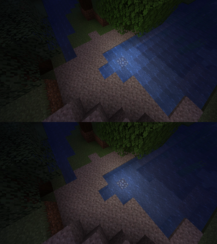 Comparison of water surface lighting in Minecraft showing Sodium's smooth fluid rendering