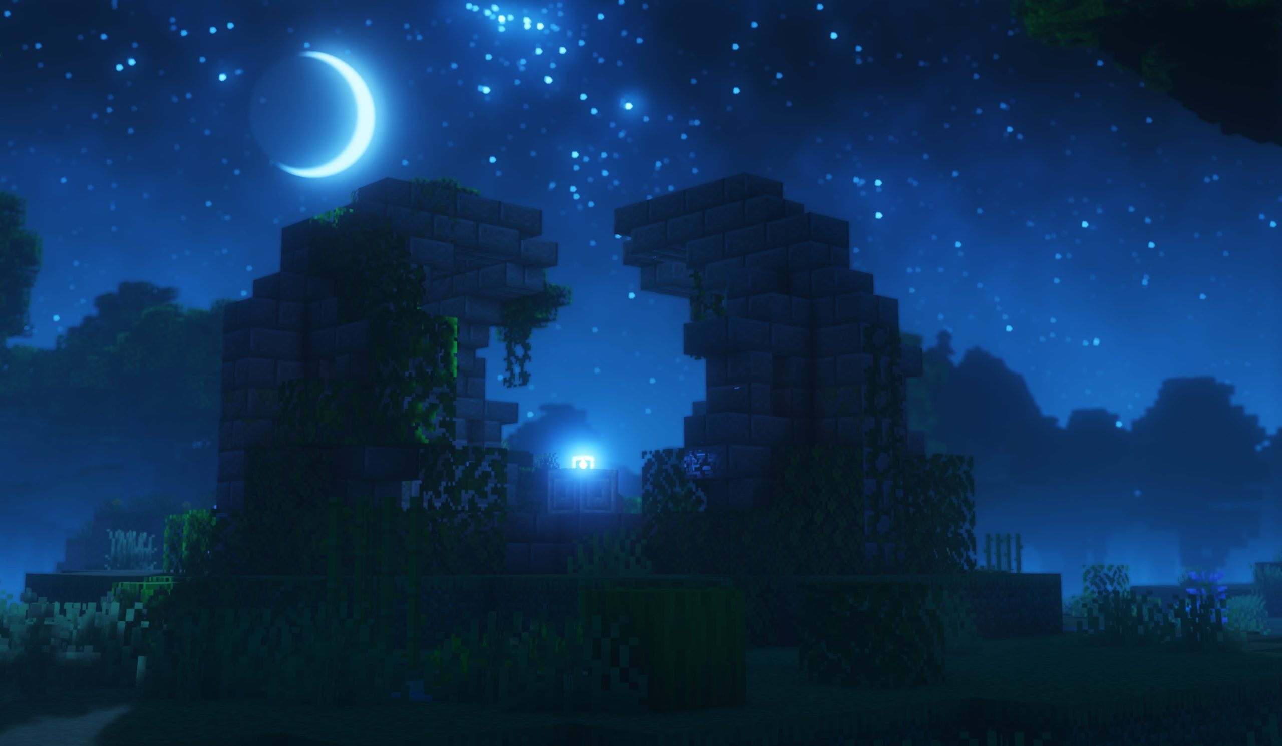 Stylised fantasy Minecraft scene under a starry night sky rendered with Solas Shader