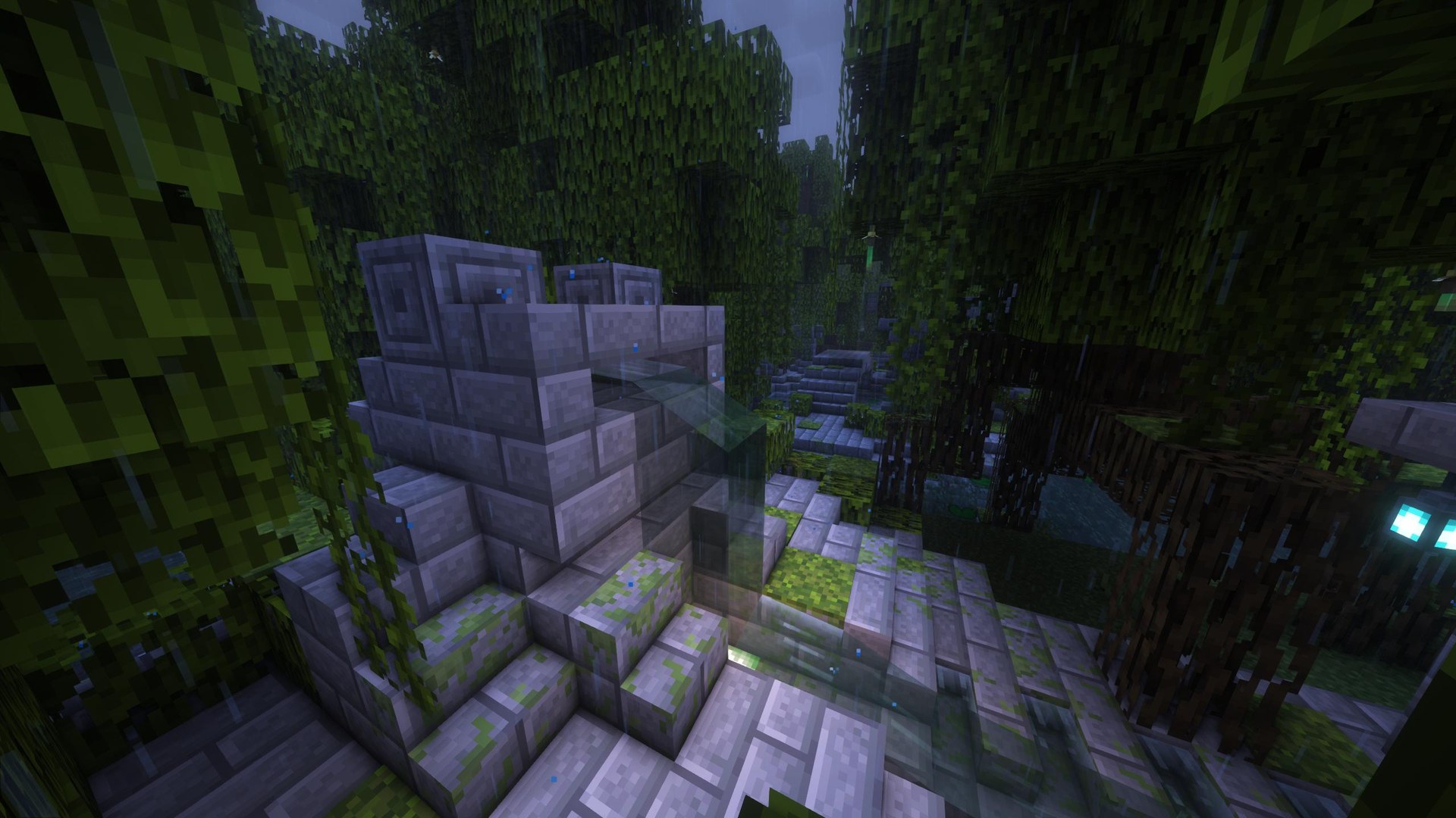 Overgrown ruin sinking into swamp water