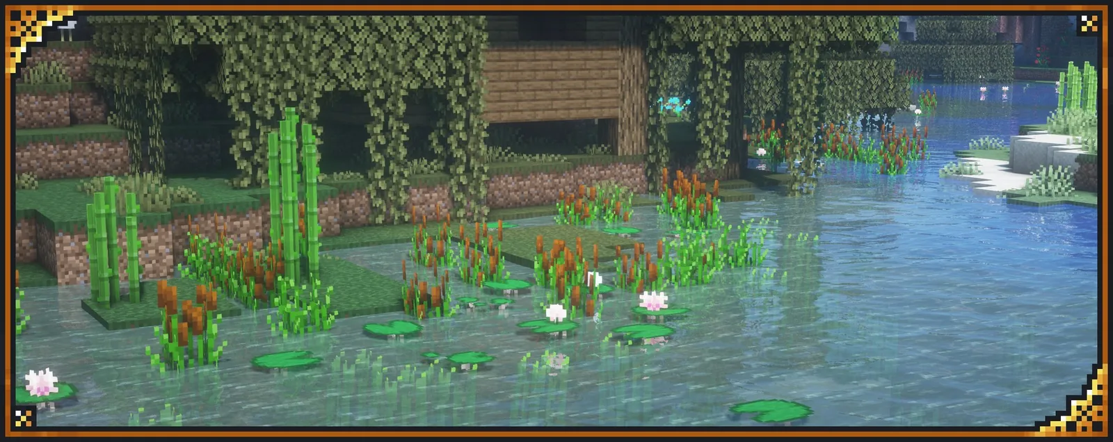 Cattails and flowering lily pads at a swamp shoreline