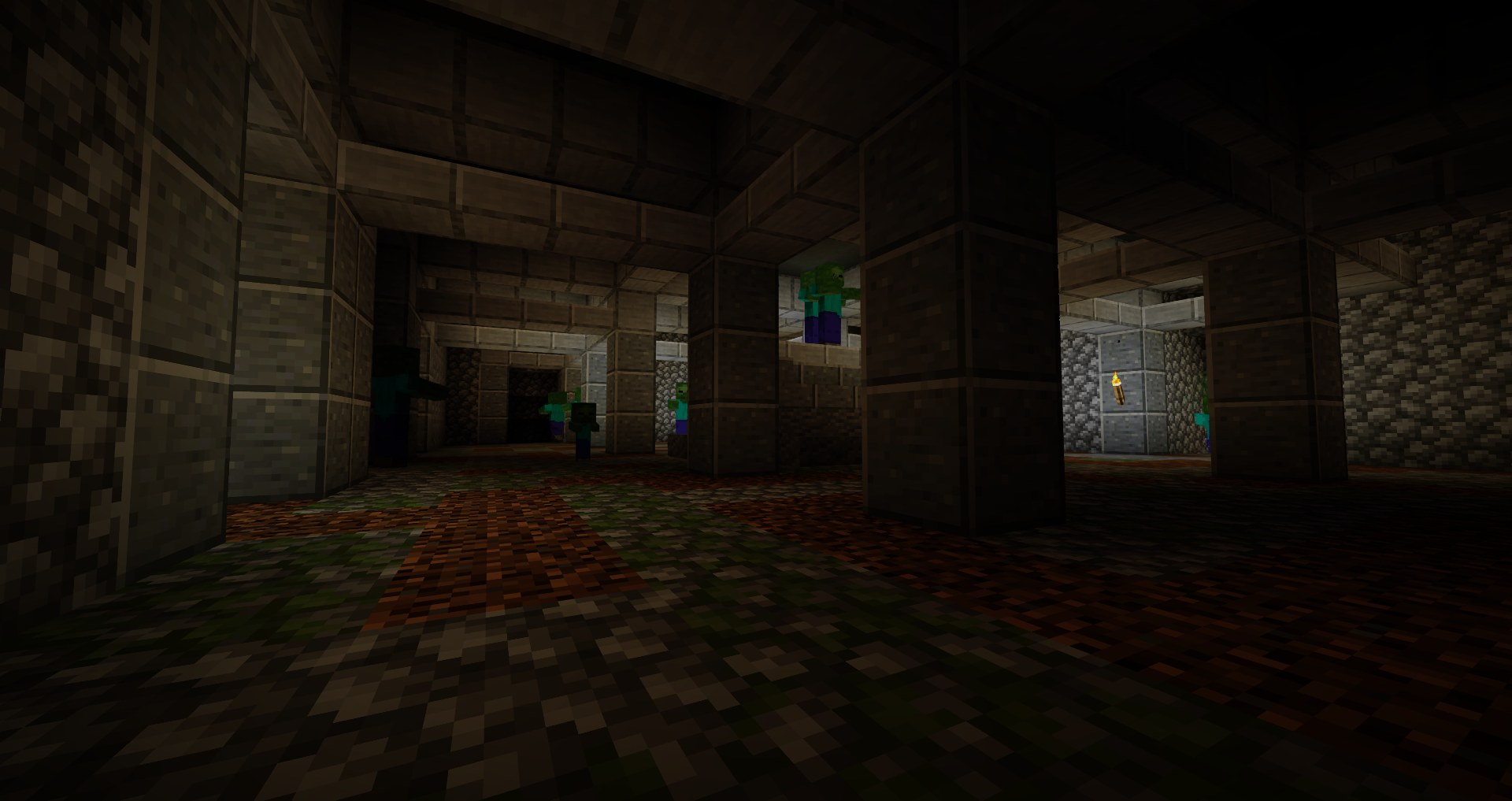 Torchlit catacombs corridor with stone brick arches