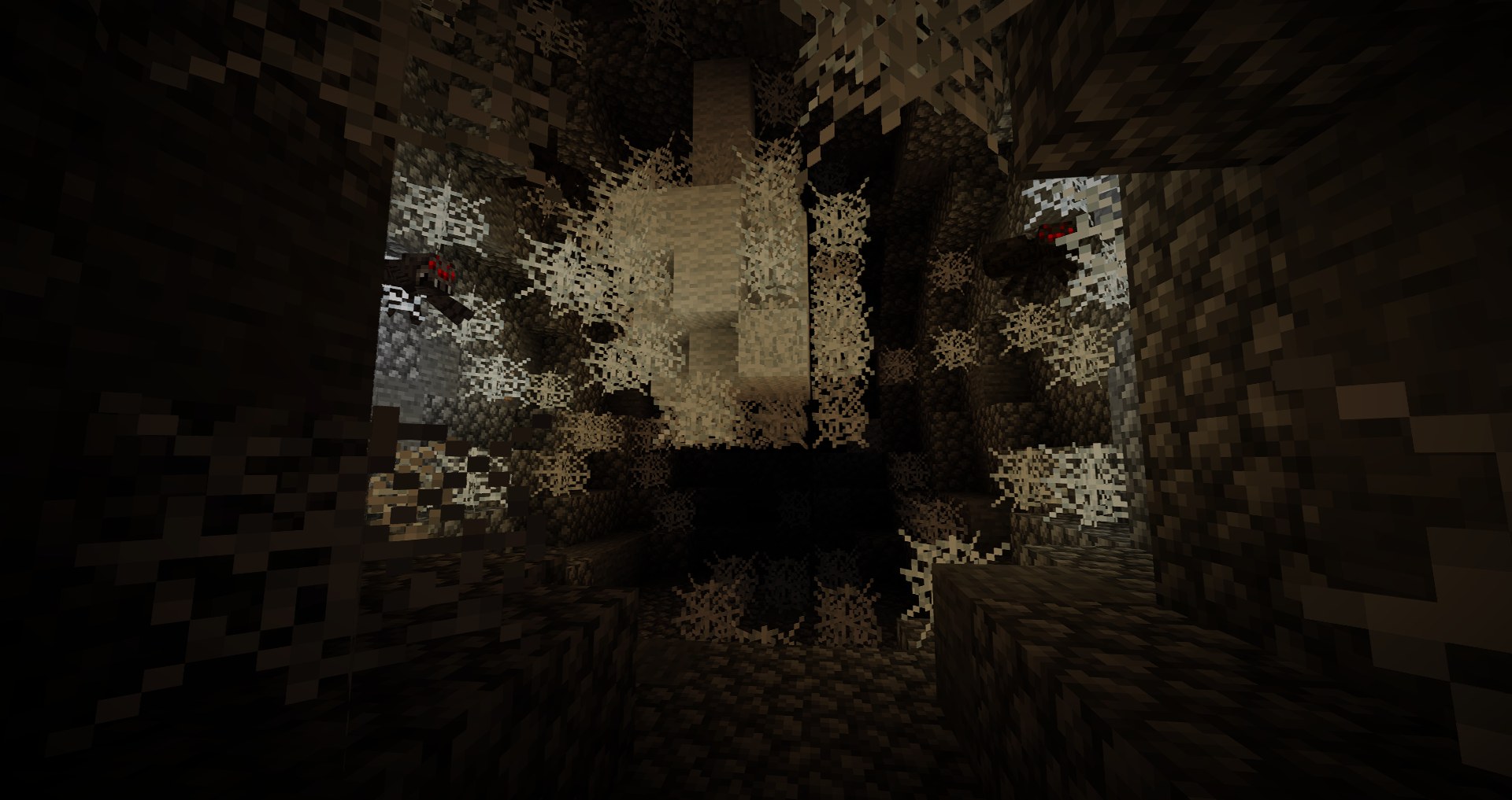 Cobweb-filled spider nesting room inside a generated cave dungeon