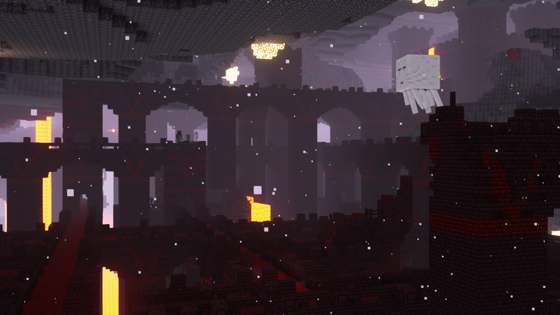 Stacked bridges crossing a lava sea inside a nether fortress